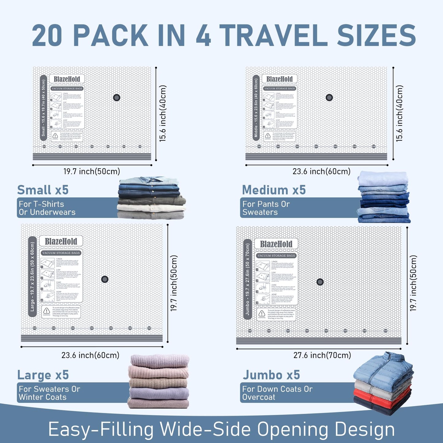 BlazeHold 20 Pack Travel Vacuum Storage Bags with USB Rechargeable Electric Pump, Compression Packing Seal Bag for Luggage, 5 Small + 5 Medium + 5 Large + 5 Jumbo Space Saver Bags for Clothing Travel