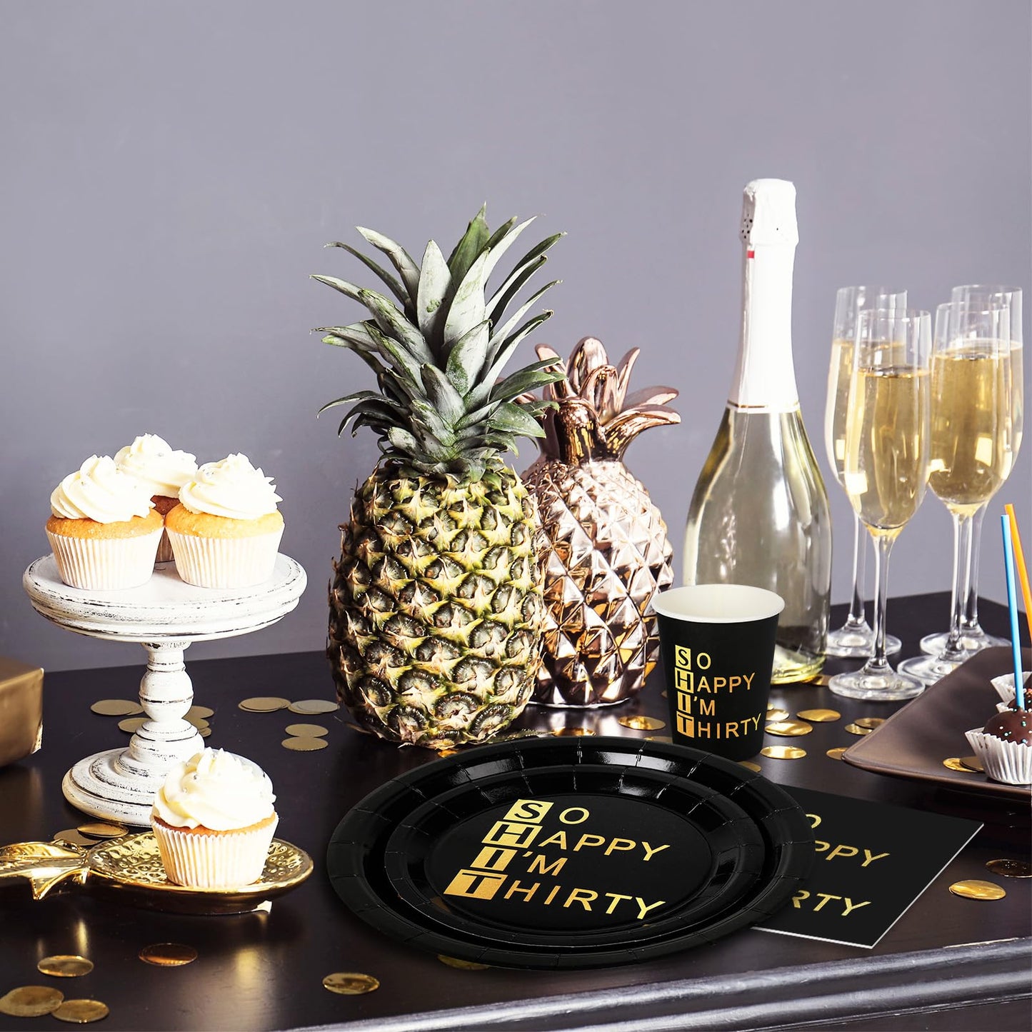 Whaline 96Pcs 30th Birthday Party Supplies Kit Black Gold Paper Tableware Plate Napkin Cup So Happy I'm Thirty Disposable Dinnerware Set for 24 Guests Party Table Decor