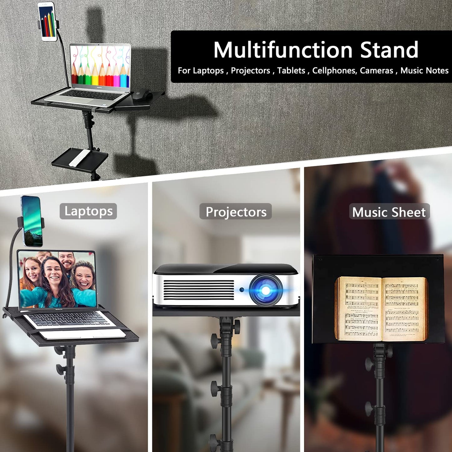 Asltoy Projector Tripod Stand with Wheels Adjustable Height Laptop Tripod Stand Treadmill Laptop Stand with 2 Shelves Mouse Tray Phone Holder Projector Tripod Music Stand Office Home Portable Laptop Floor Stand