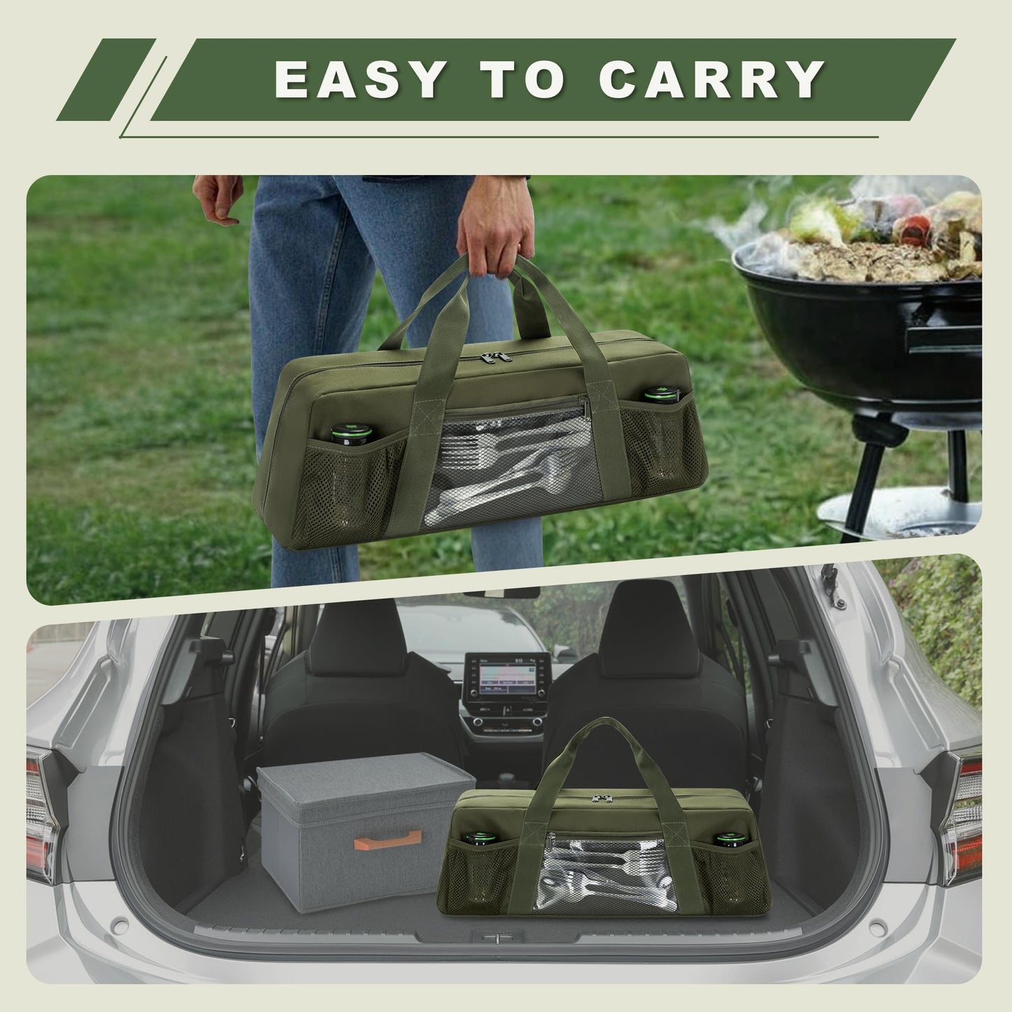 HODRANT Grill Tool Storage Bag, Outdoor BBQ Utensil Holder for Barbecue Tool up to 20", Large Grill Utensil Storage Caddy with Pockets, BBQ Accessories Case Container for Camping, Bag Only (Green)