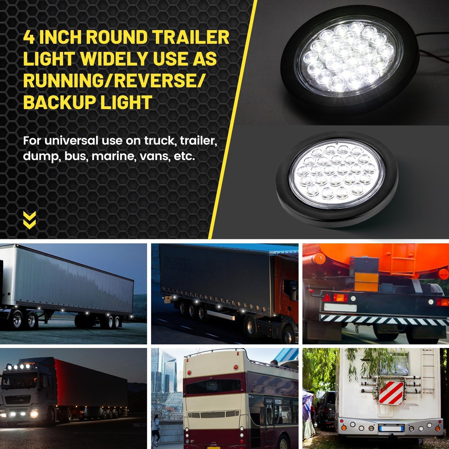 Oyviny 4 Inch 24LED White LED Trailer Tail Light, Round Trailer Stop Turn Tail Backup Reverse Light IP65 Super Bright W/Reflector Bowl 12V DC for Trailer, Bus, Trucks, 2PCS