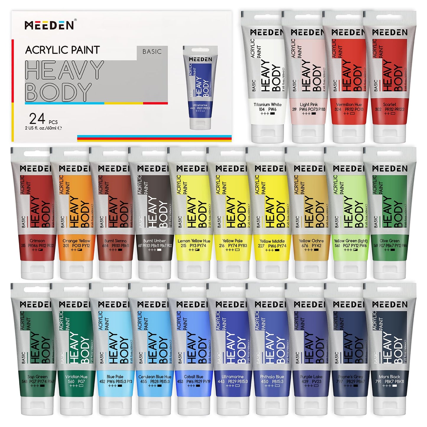 MEEDEN Heavy Body Acrylic Paint - Basic Satin Finish 24 x 60ml (2 oz) Color Paint Set for Adults - Rich Pigment Art Craft Paints for Canvas Rock Wood
