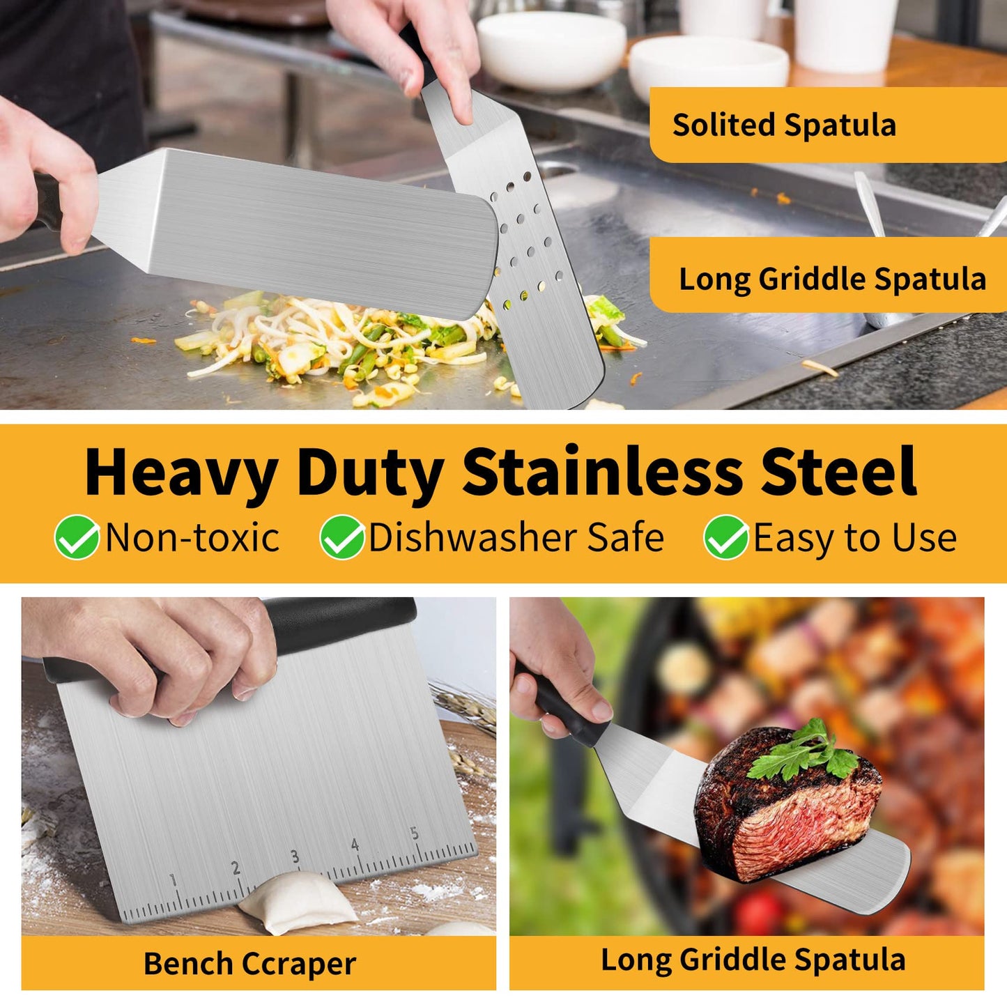 Onlyflame 10PCS Professional BBQ Griddle Tool Kit for Flat Top Grill - Stainless Steel & Plastic Accessories with Carry Bag