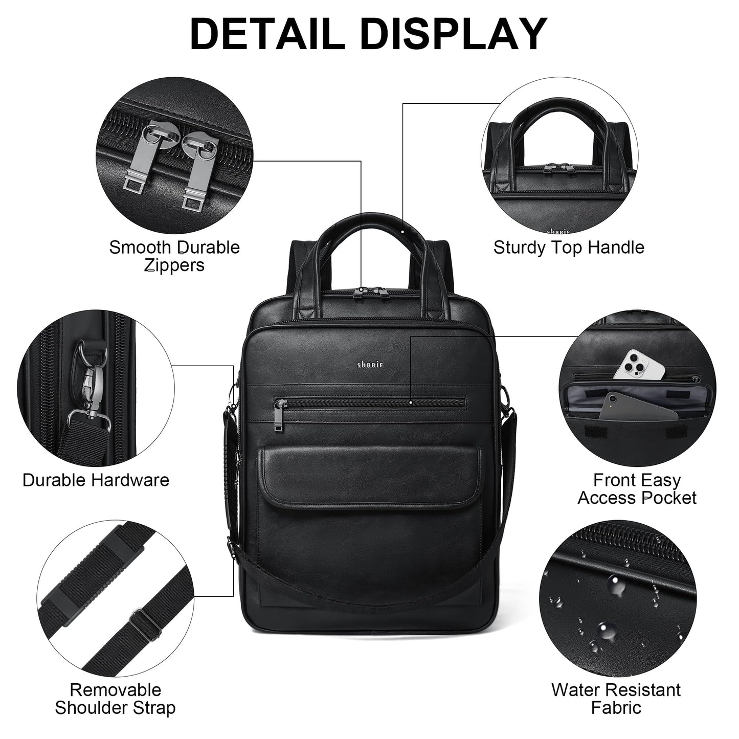 Laptop Backpack for Women and Men, 15.6 Inch Vegan Leather Computer Backpack Professional Water-Resistant Casual Daypack for Work Business College Travel Office,Two-toned Black