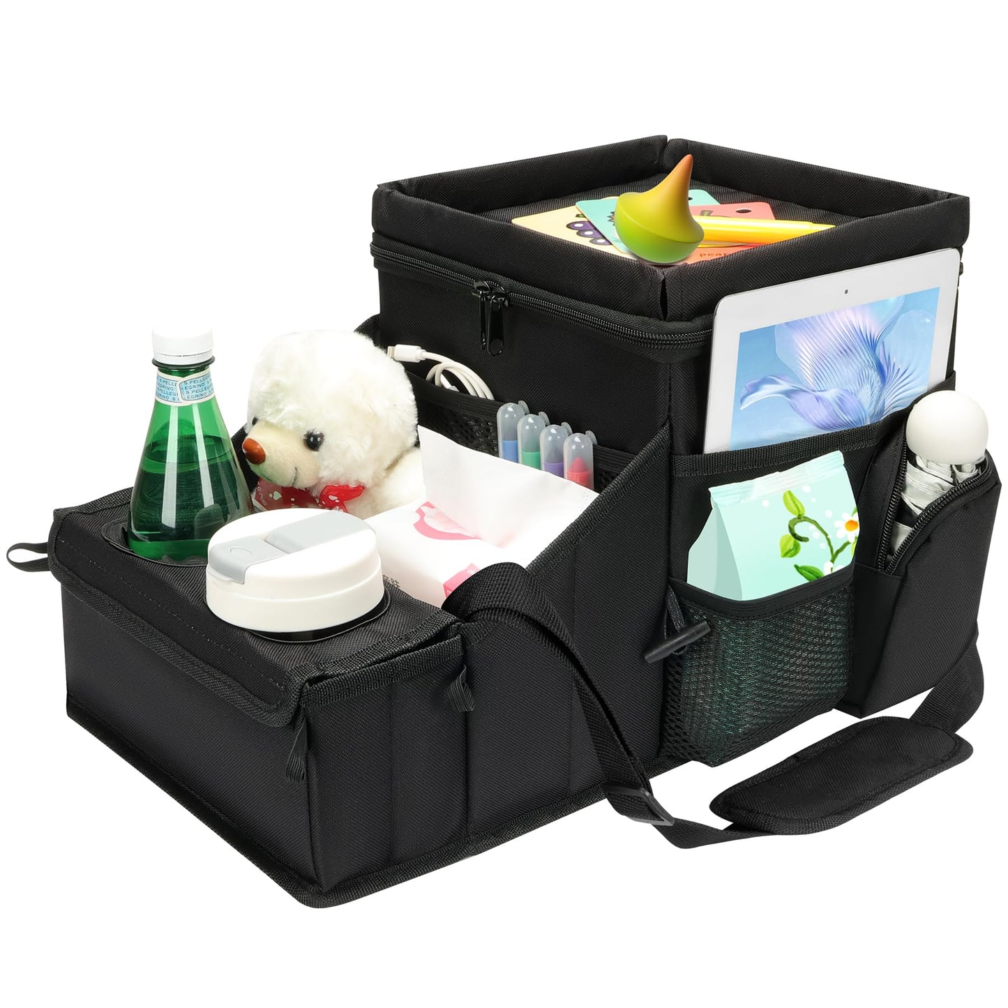 COOLBEBE Car Seat Organizer with Insulation Layer, Backseat Car Cooler Organizer with Cup Holders, Foldable Passenger Seat Organizer for road trip, Storage Box for Front or Middle Seat (Black)