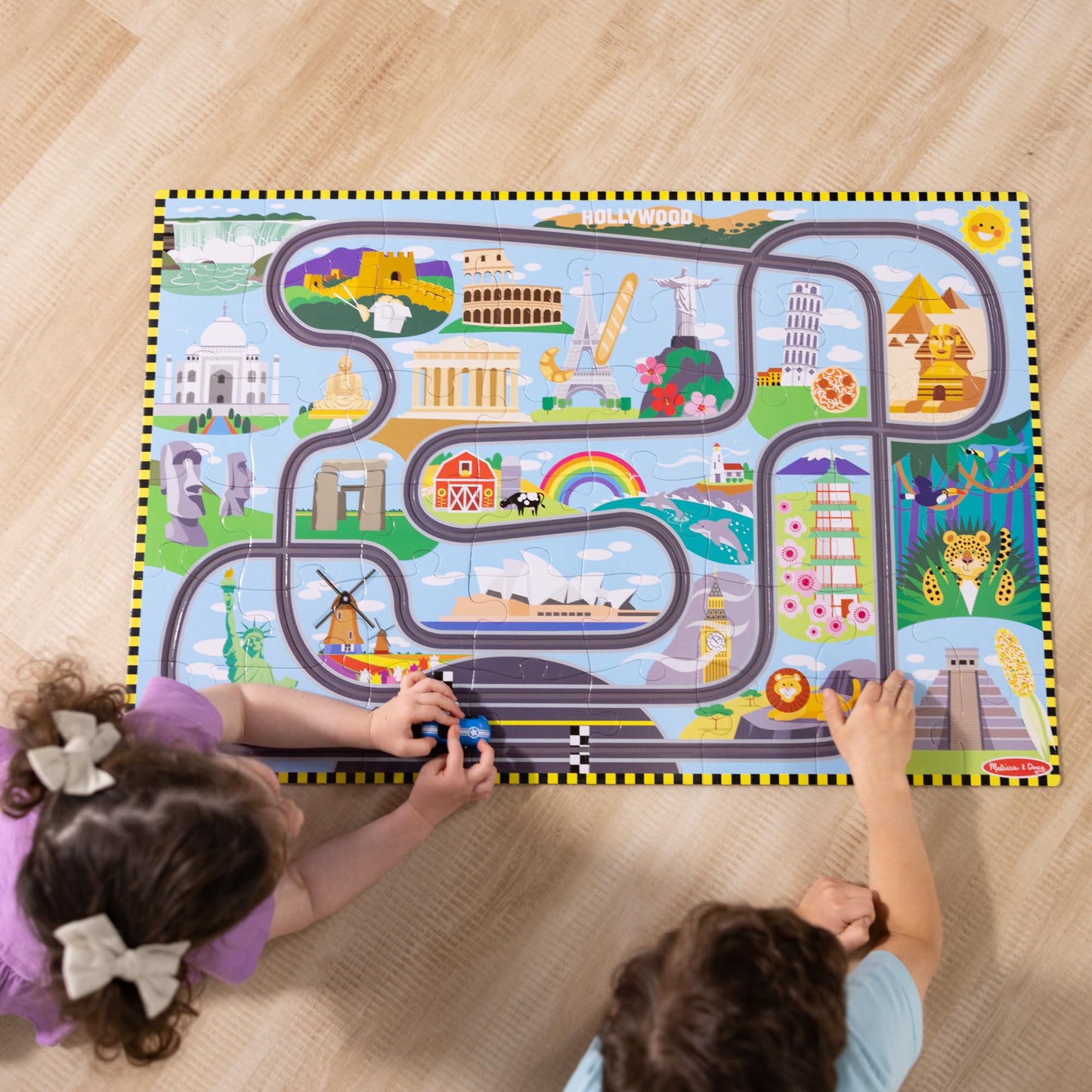 Melissa & Doug Race Around the World Tracks Cardboard Jigsaw Floor Puzzle and Wind-Up Vehicles (48 Pcs) for Preschoolers and Kids Ages 4+ - FSC Certified