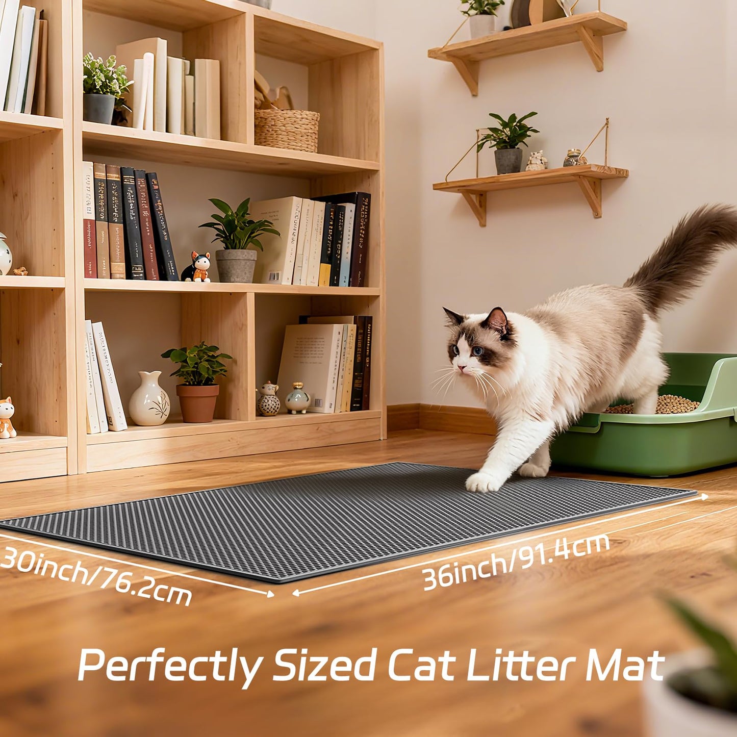 Garoopion Cat Litter Mat, 90 x76 cm Cat Litter Box Mat, EVA Waterproof Trapper, Honeycomb Double Layer Catcher, Easy to Clean, Gray, 1 Side Connected