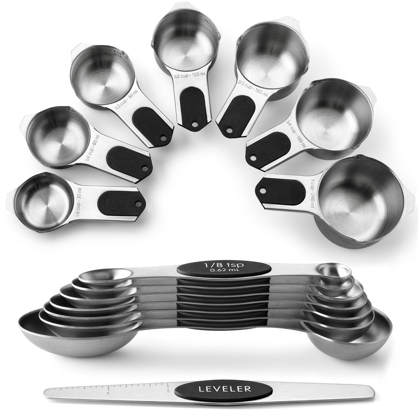 Spring Chef Stainless Steel Magnetic Measuring Cups & Spoons Set of 15 with Leveler (Patented), Heavy Duty Measuring Cups & Spoons for Baking & Cooking - for Dry & Liquid Ingredients - Black