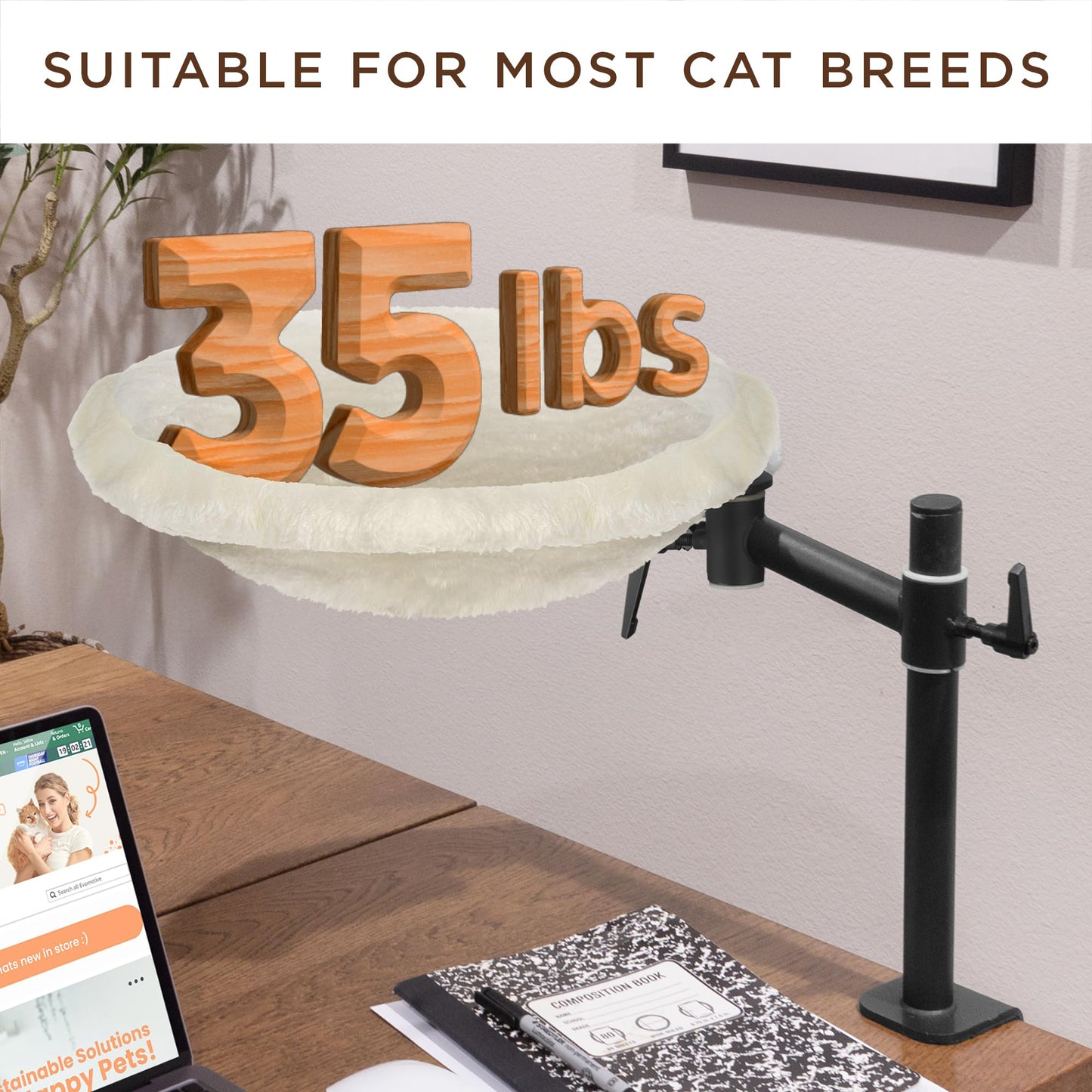 EVOMOTIVE Deskside Dreamer - Cat Desk Perch, [+ Catnip Fish Toy], Comes with [2 Washable Fabrics]: Mesh and Plush, 360° Rotating & Height Adjustable [Beige]. Max Weight 35LBS
