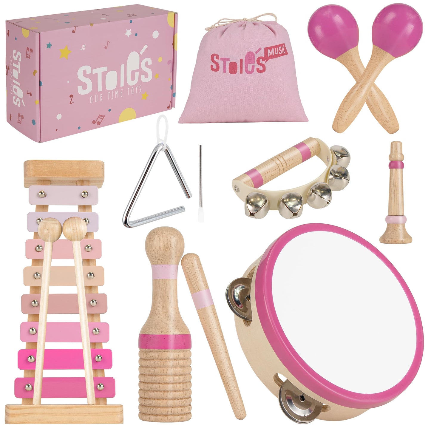 Stoie's Wooden Toddler Musical Instruments with Xylophone, Maracas, Triangle, Tamburine for Babies and Kids, Eco Friendly Montessori Educational Toy
