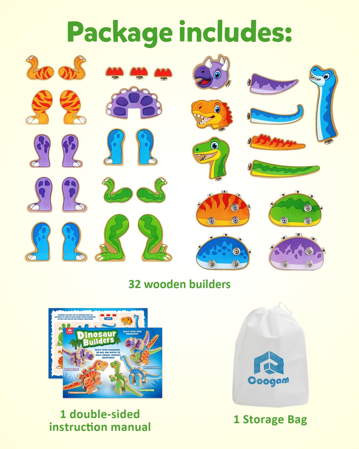 Coogam Build Your Own Dinosaurs Toy, Snap Together Building Dinosaurs Playset, Wooden STEM Take Apart Dinosaur Builder, Fine Motor Building Toy Gift for 3 4 5 Years Old Kids