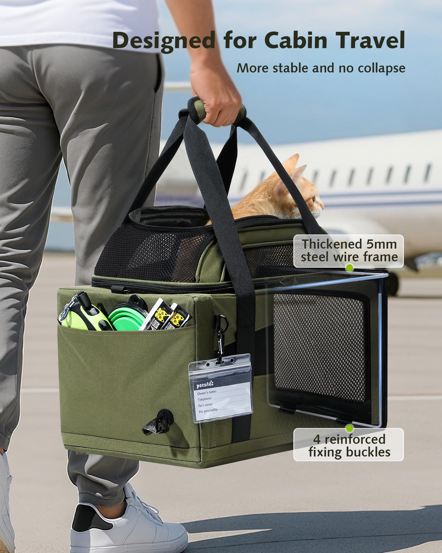 Pecute Top-Expandable Cat Carrier Airline Approved(42 * 28 * 23cm),Breathable Dog Carrier Soft-Sided Pet Carrier for Small Cats with Locking Safety Zippers and Waterprooff Pee Pad + Pet ID Tag,Green