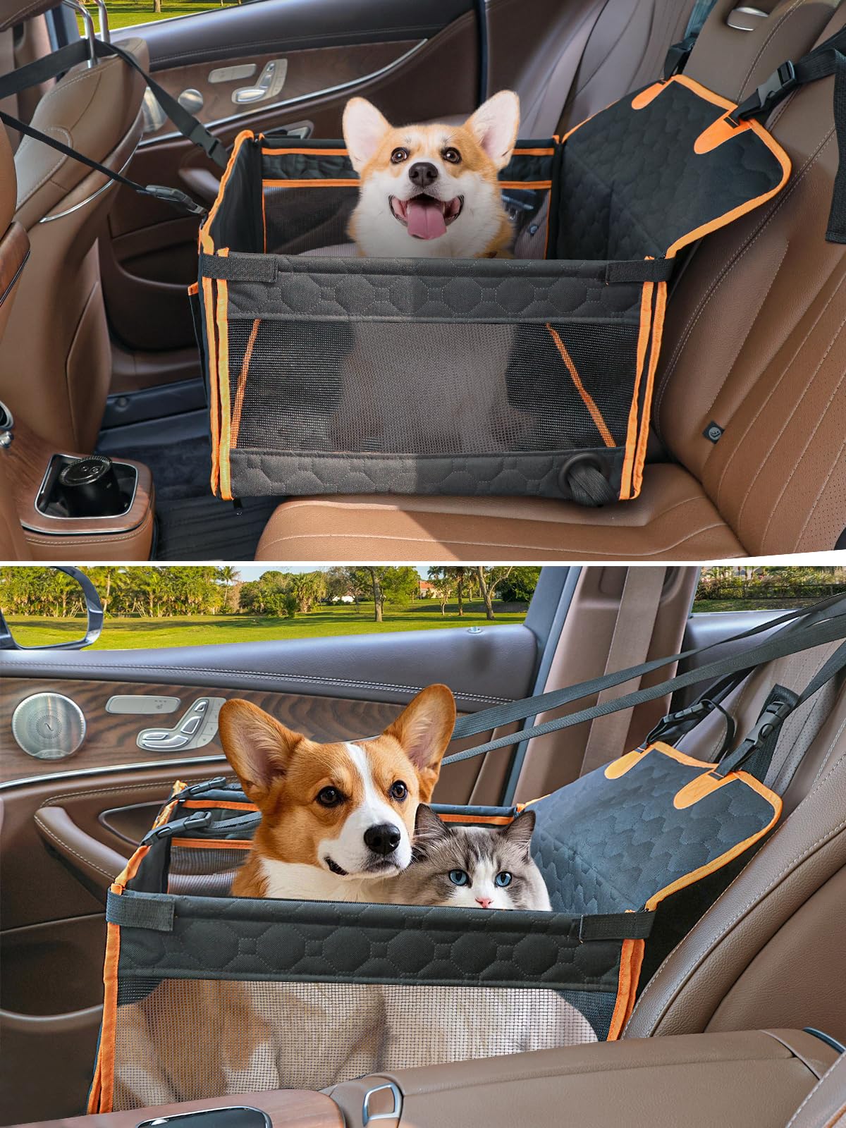 Prpeko Dog Car Seat for Large Dogs,Waterproof Fabric with Breathable Mesh&Adjustable Dog Seat Belt for Car,Dog Bed for Back Seat Up to 30 LB-Small Orange