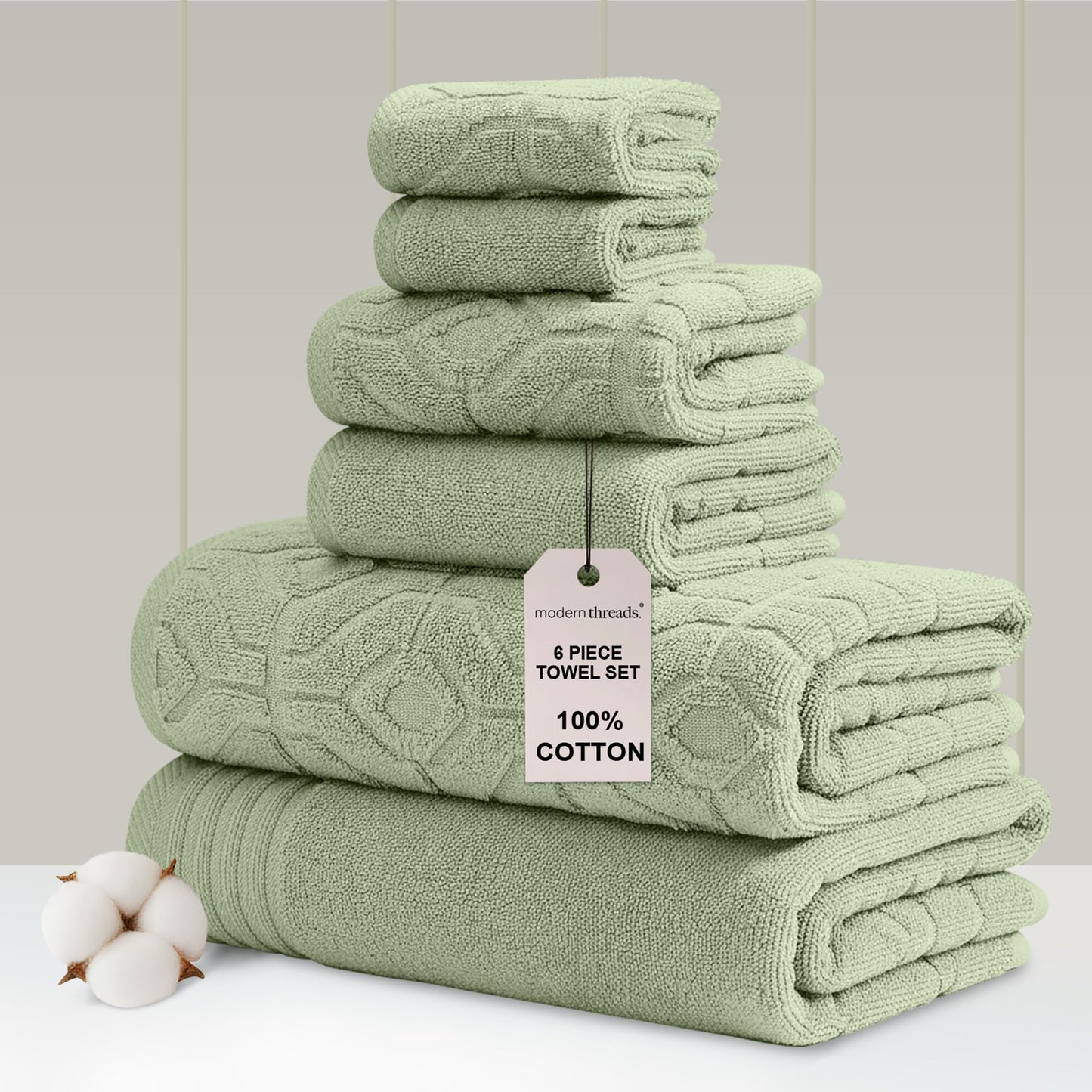 Modern Threads 6 Piece Set, 2 Bath Towels, 2 Hand Towels, 2 Washcloths Yarn Dyed Diamond Gate Jacquard Towel Set Green