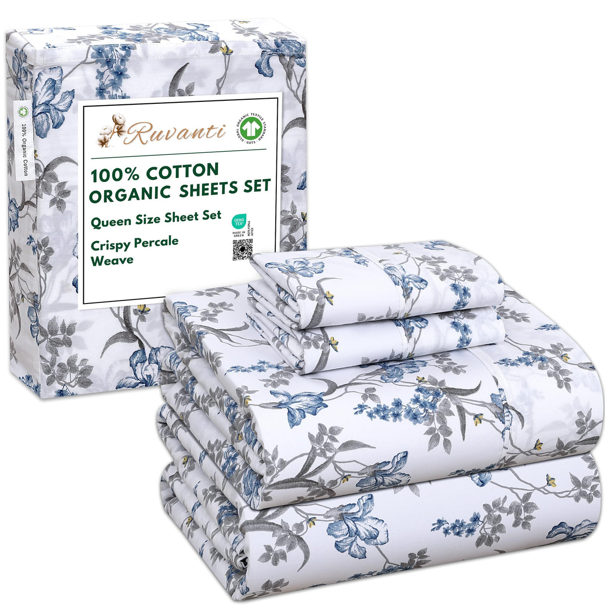 RUVANTI 100% Organic Cotton Sheets - Queen Sheet Set - 4 Piece Percale Weave Bedding, Crisp, Cooling & Breathable, Soft & Durable, 16" Deep Pocket, Hotel Quality Sábanas - Deluxe