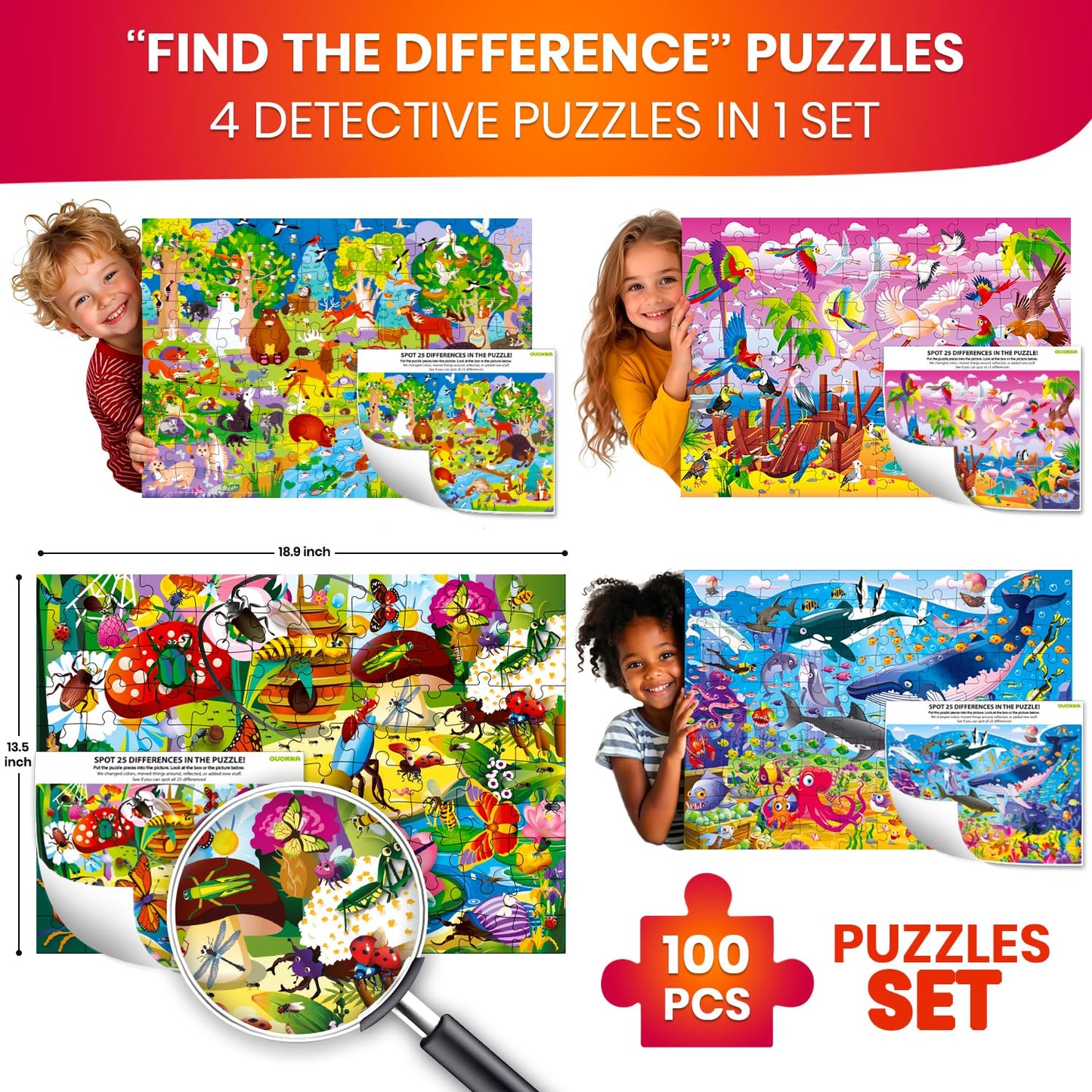 QUOKKA 100 Piece Puzzles for Kids Ages 4-6 – 4 Jigsaw Puzzles for Kids Ages 6-8 – Search and Find Game with Ocean Forest Animals for Childrens 5-8 – Learning Educational Toys for Boys and Girls 8-10