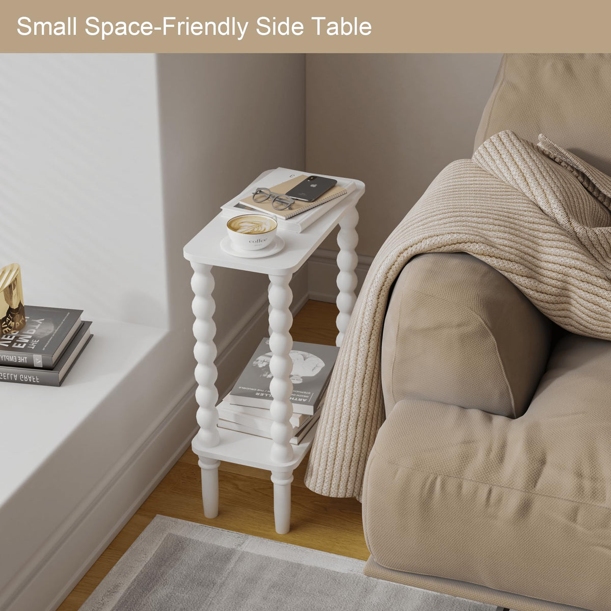 Veegle Narrow Side Table, Small End Table with Storage Shelf, Modern Bedside Table Night Stand for Living Room, Bedroom, Office and Small Spaces (White)