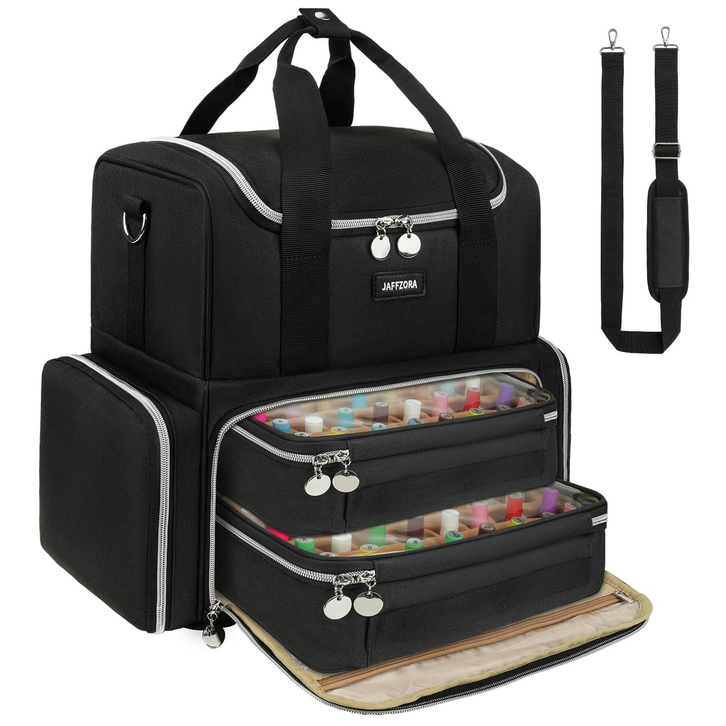 Extra Large Nail Polish Organizer Case Holds 80 Bottles & UV Lamp, Nail Organizers and Storage with 2 Removable Pouches, Travel Nail Supplies Carrying Bag for Nail Art Tech & Manicure Tools,Black