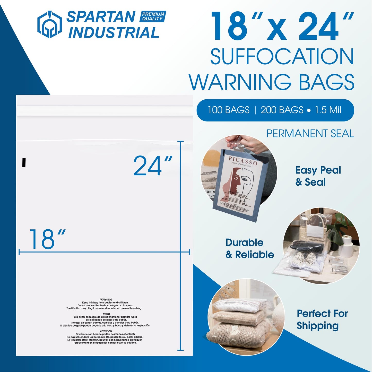 Spartan Industrial - 18" X 24" (100 Count) Self Seal Clear Poly Bags with Suffocation Warning for Packaging, T Shirts - Permanent Adhesive