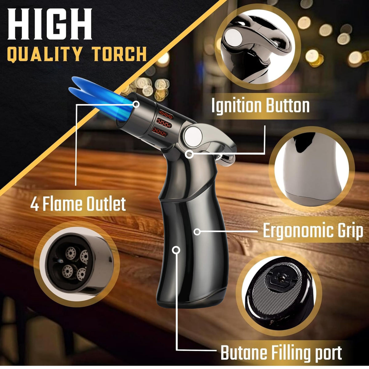 Whiskey Smoker Kit with QuadTorch, 6 Wood Chips & Wooden Gift Box | Cocktail Infuser | Bourbon Barware | Old Fashioned Drinks | Smoked Whisky Present for Dad, Men, Father’s Day, No Butane