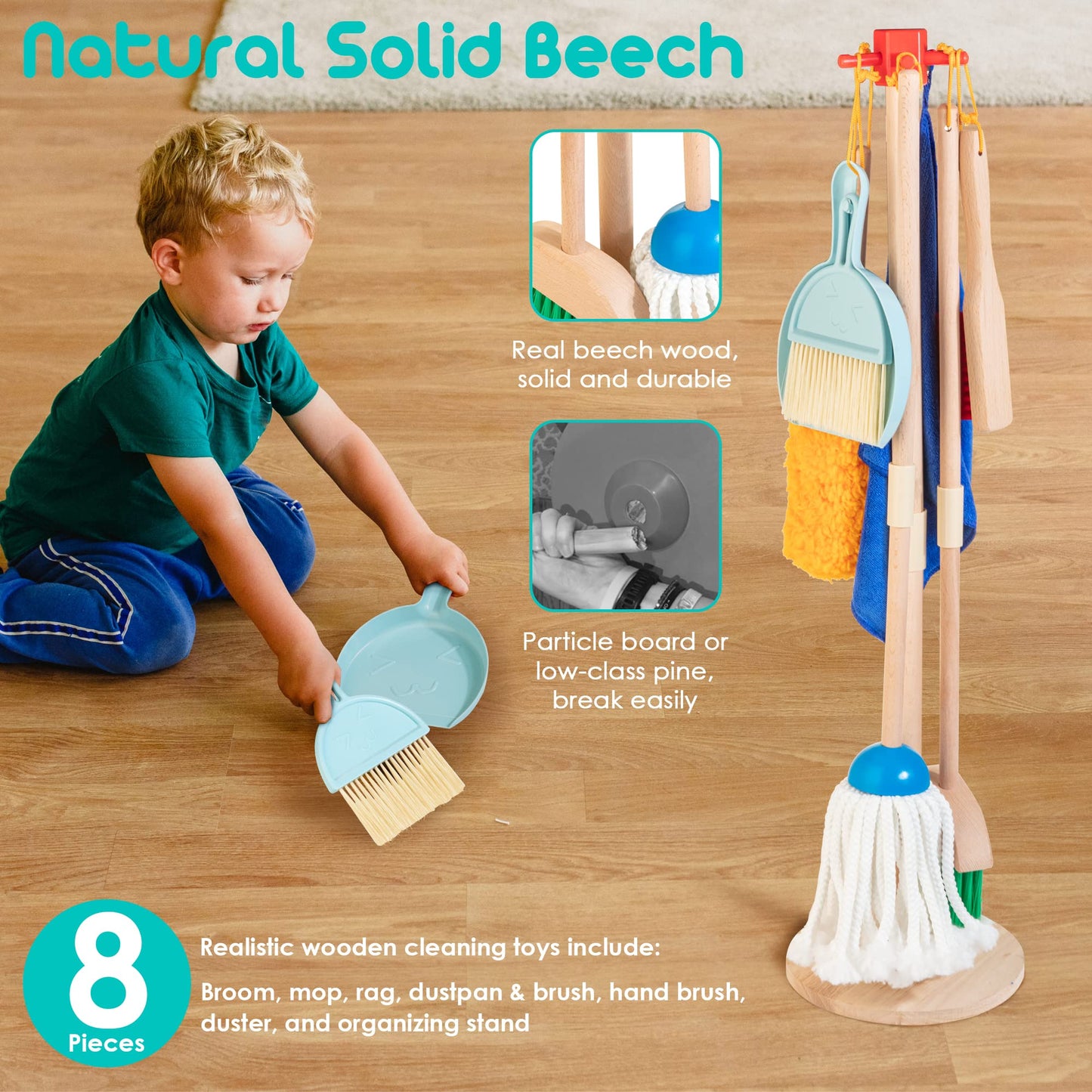 HELLOWOOD Kids Cleaning Set, 8 Pcs Wooden Housekeeping Play Set Includes Broom Mop Duster Dustpan Brushes Rag and Organizing Stand, Cleaning Toys Gift for Toddlers Girls Boys Age 3-6, Solid Beech Wood