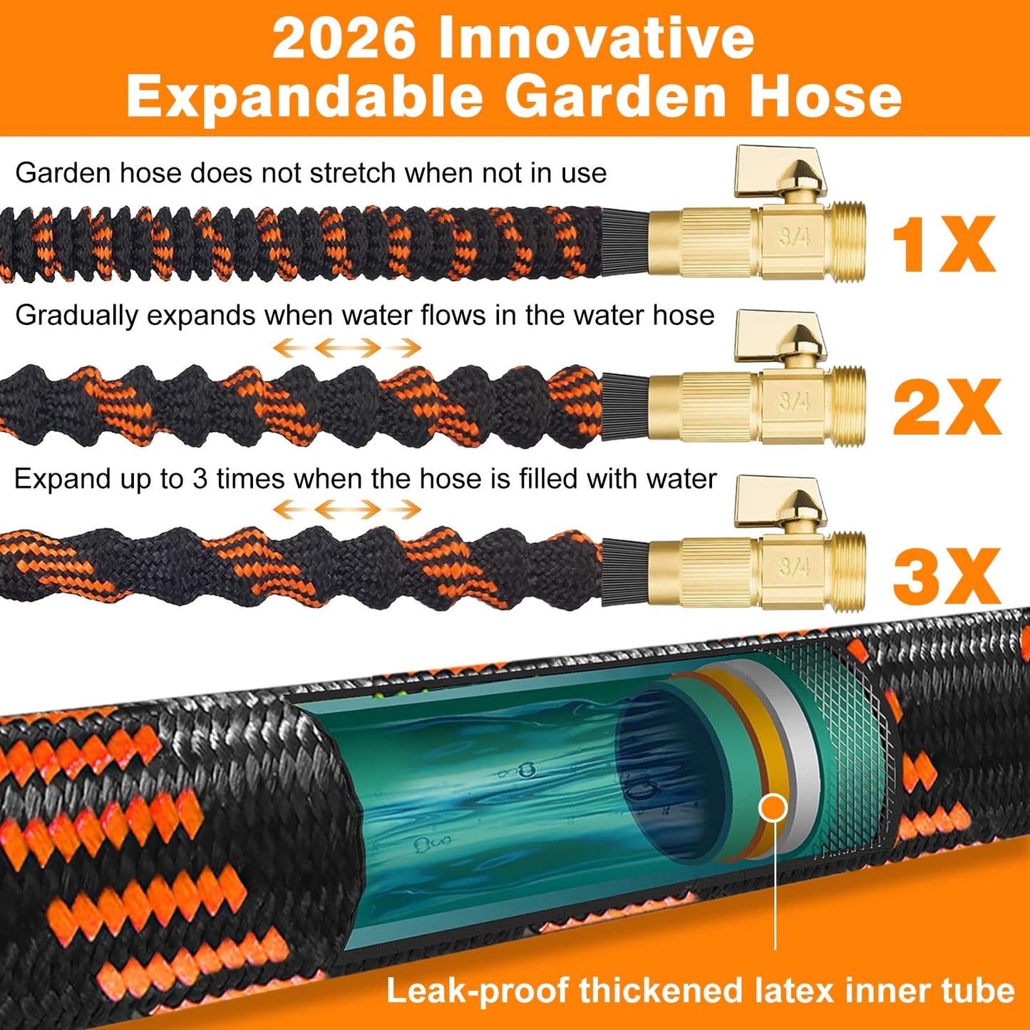 100FT Expandable Garden Hose with 10 Function Spray Nozzle,Flexible Lightweight Water Hose with 3/4”Solid Brass Fittings, Durable 4-Layers Latex,Expanding Retractable Gardening Pipe for Outdoor