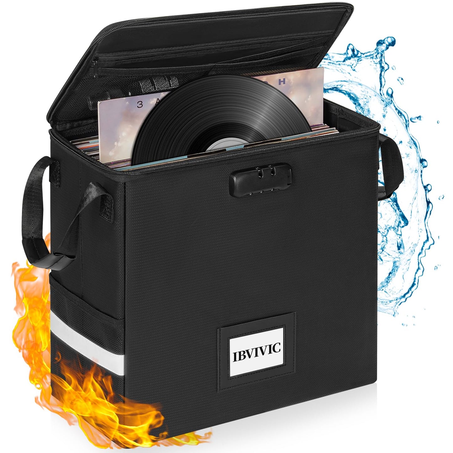 IBVIVIC Vinyl Record Storage Box with Lock, Holds up 100+ Records, Fireproof＆Water Resistant LP Record Organizer Crate with Lid for Valuable Album Collection (Black, 34x34x34cm)