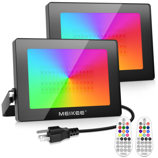 MEIKEE RGB LED Flood Lights 1000W Equivalent, 2 Pack 100W Outdoor Indoor Color Changing Floodlight with Remote Control, IP66 Waterproof Dimmable Wall Washer Light for Party Stage Garden Landscape