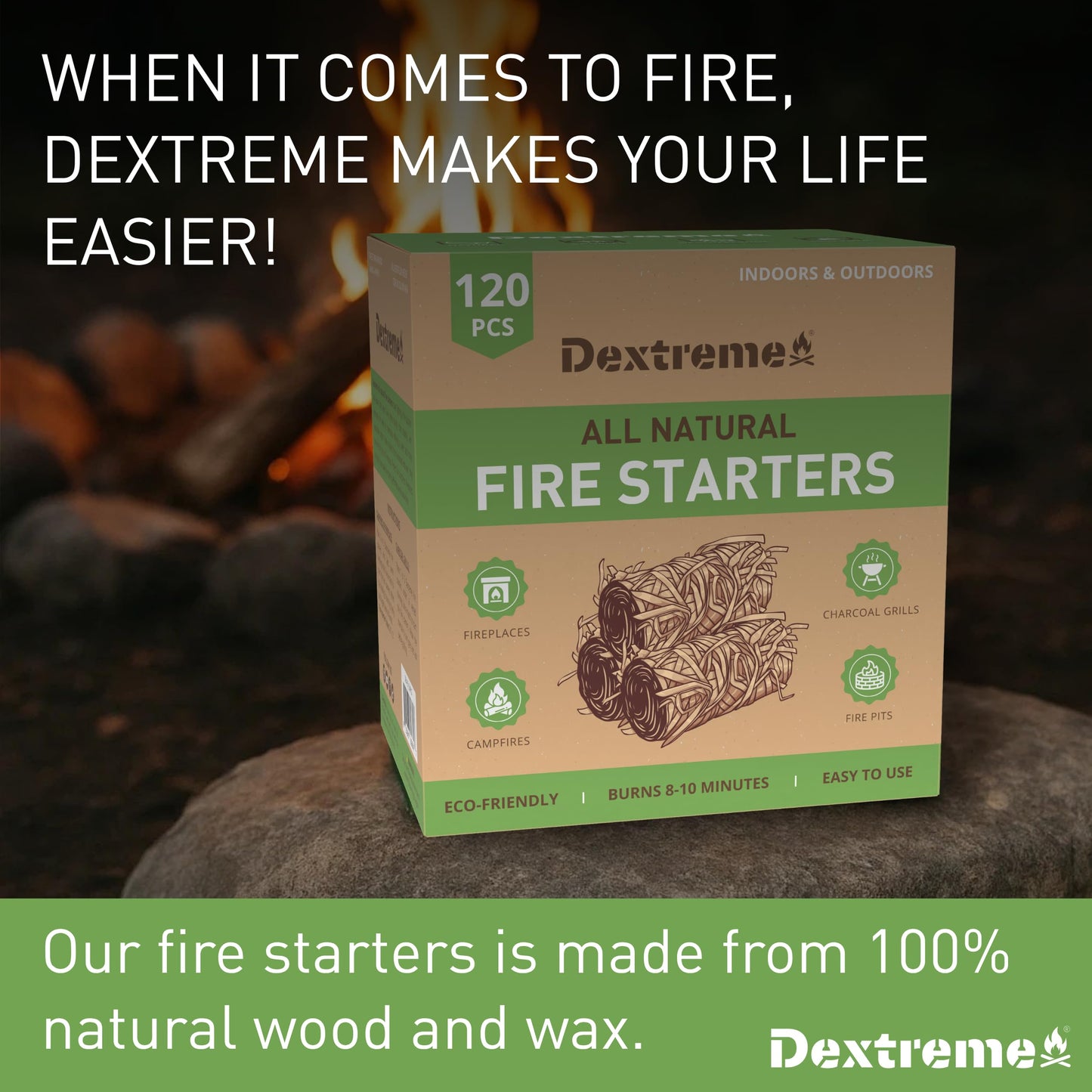 Dextreme Fire Starters 120 pcs | Natural Firestarters for BBQ, Campfires, Fireplace, Charcoal, Wood Stove, Fire Pit, Chimney, Pizza Oven and Smokers | All Weather, Odorless, Non Toxic