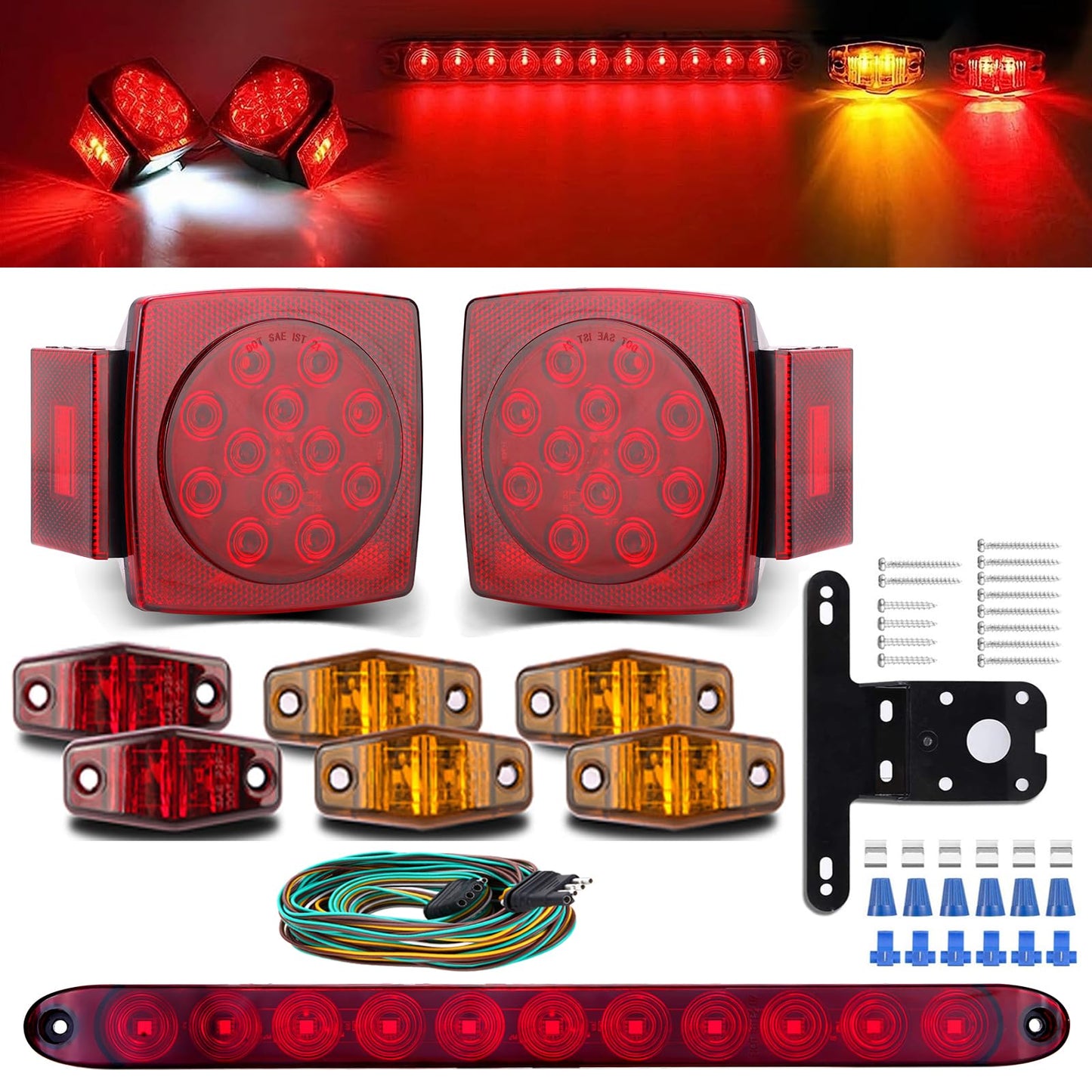 LIMICAR LED Trailer Light Kit - Amber Red Markers & Brake Light Bar, Submersible, Boat Trailer Lights for Utility Trailer