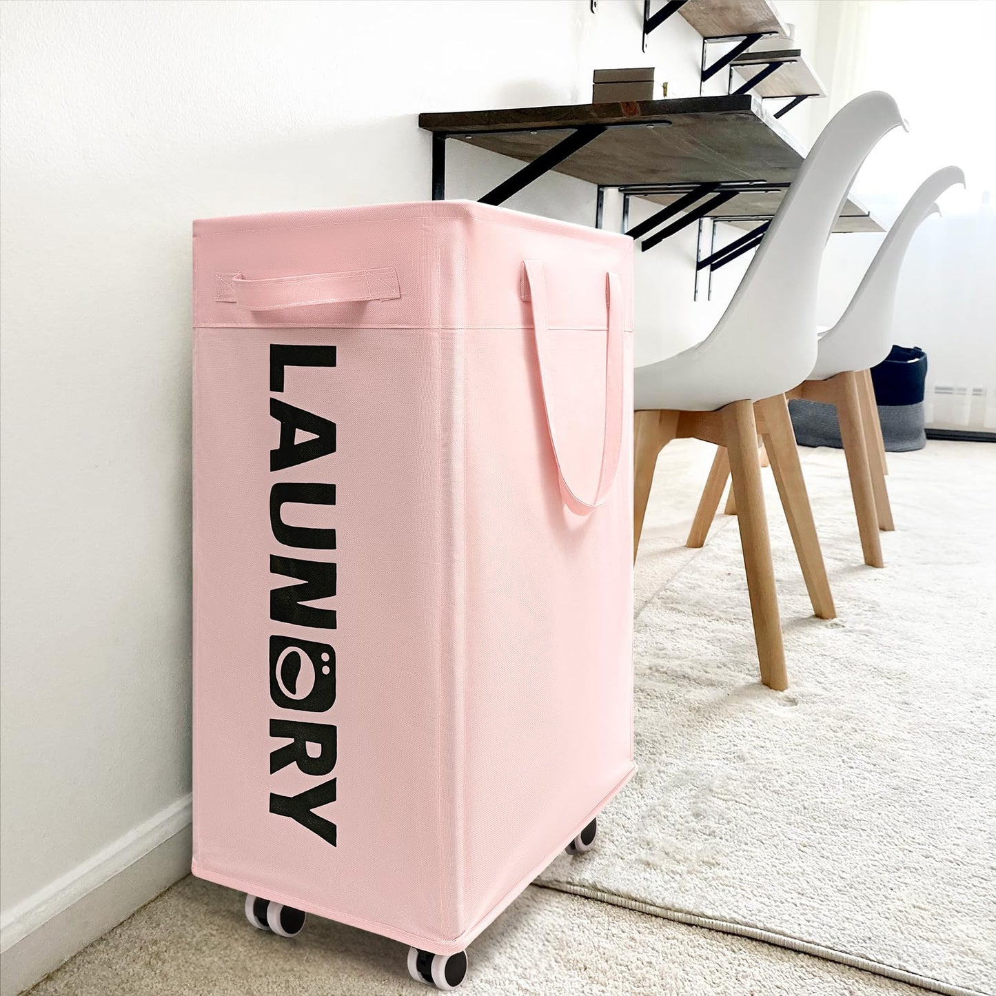 Goodpick Pink Laundry Baskets with Wheels 2-Pack, 75L Rolling Laundry Basket with Removable Wash Bags, Large Laundry Hamper for Corner Dorm, Collapsible Laundry Basket on Wheels