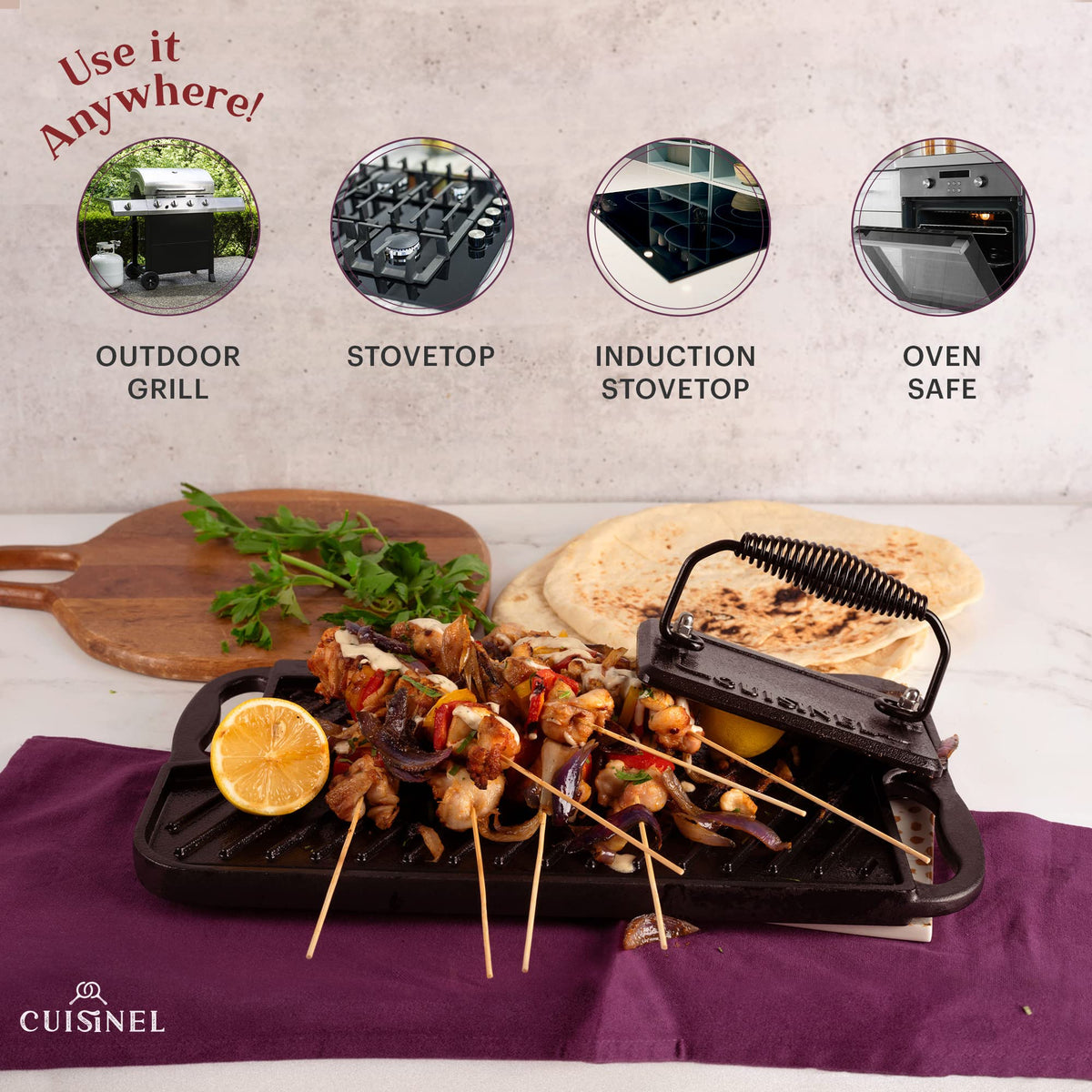 Cast Iron Griddle/Grill + Burger Press + Pan Scrapers - Reversible Pre-Seasoned 16.75" X 9.5"-inch Dual Handle Flat Skillet and Griller Pan + Cleaning Accessories - Indoor/Outdoor Stove Burner Safe