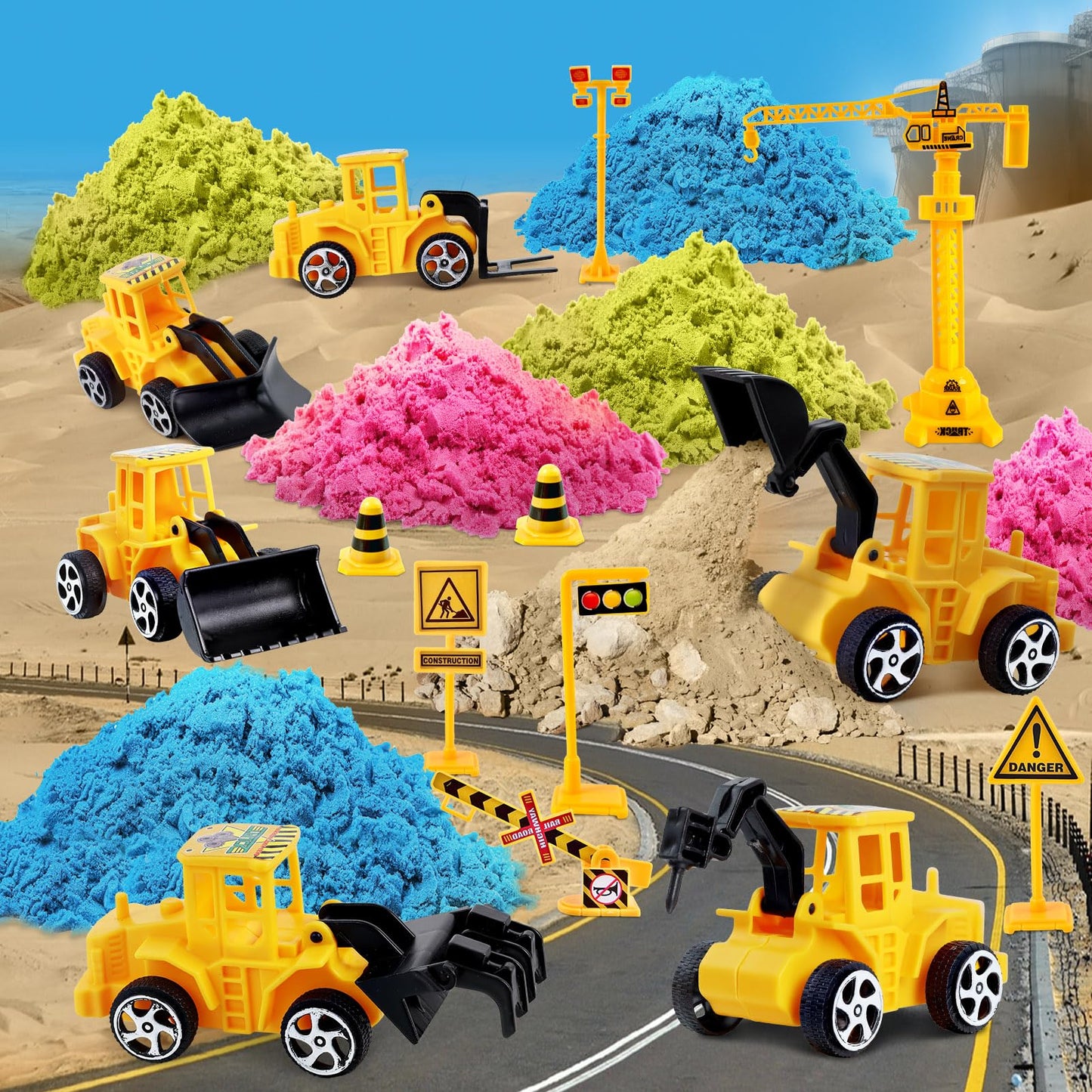Sensory Bin - Play Sand Kit with Construction Set Toy Truck and 4lbs Magical Sand, Pretend Play Beach Sensory Toy Sandbox, Kids Gifts for Girls and Boys