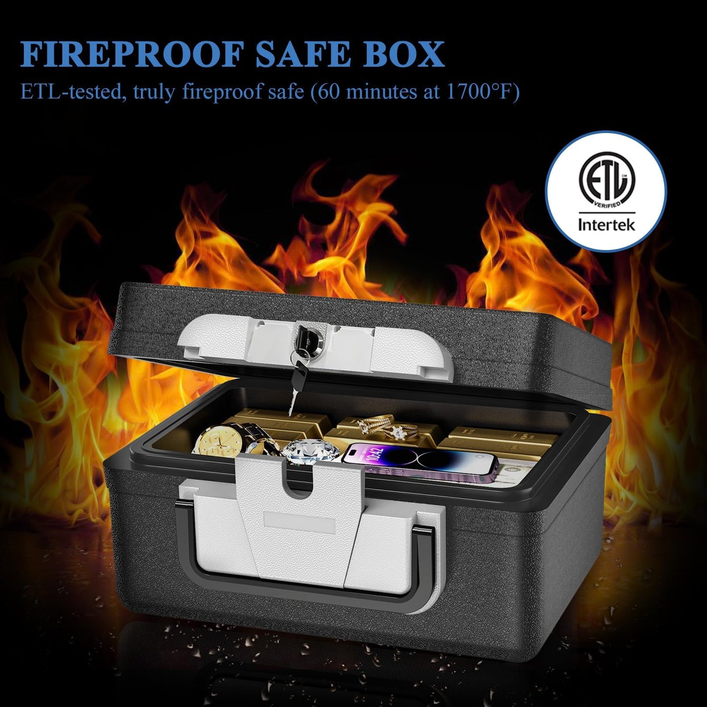 WASJOYE Portable Large Capacity Safe Box, Fireproof Waterproof Safe with Key Lock & Carry Handle, Cash, Medicine, Passport, Jewelry Storage, Security Lock box for Home Travel Hotel, 0.5 Cubic Feet
