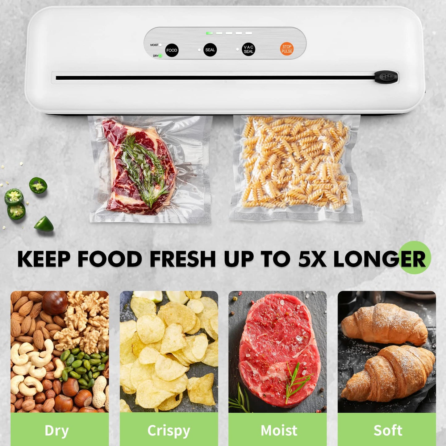 Toprime Vacuum Sealer Machine VS6611, 80kPa Powerful Food Sealer Built-in Cutter with Sealing Bag and Hose, Vacuum Air Sealing System for Seal a Meal and Sous Vide (White)