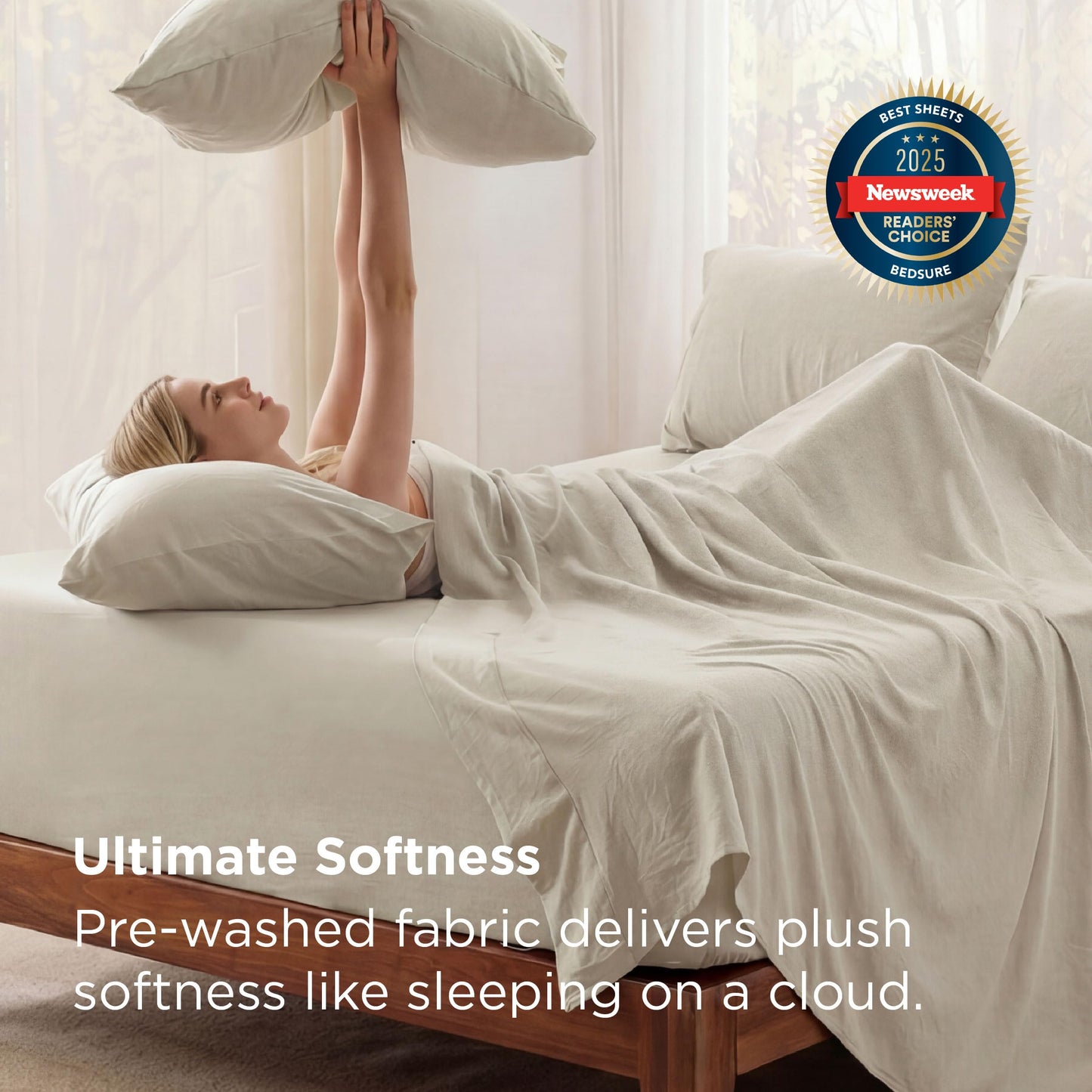 Bedsure Linen Deep Pocket Queen Bed Sheets Set - 6 Pieces Prewashed Ultra-Soft Bed Sheets for Queen Bed, Fits Mattresses Up to 18 Inches Thick, Breathable & Secure Fit, Hotel Luxury Bedding