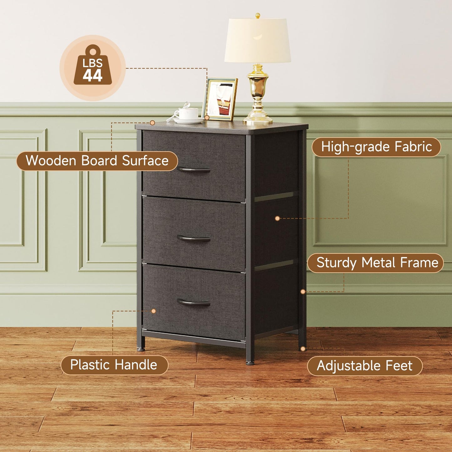 Vermess Nightstand, Small Dresser, Bedside Furniture, Night Stand End Table with 3 Storage Drawers for Bedroom, Black