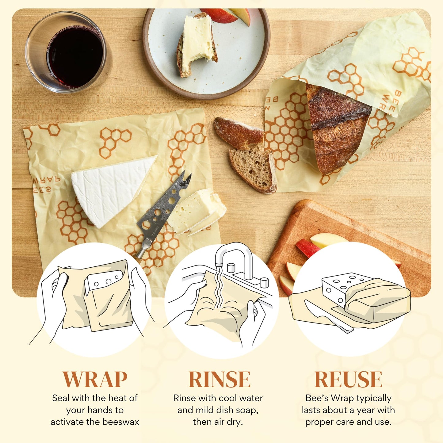 Bee's Wrap Beeswax Wraps for Food - Cut to Size 14x52" Wax Paper Roll - Made in USA Reusable Waxed Paper & Bowl Covers - Organic & Eco-Friendly Alternative to Aluminum Foil & Plastic Wrap, Honeycomb