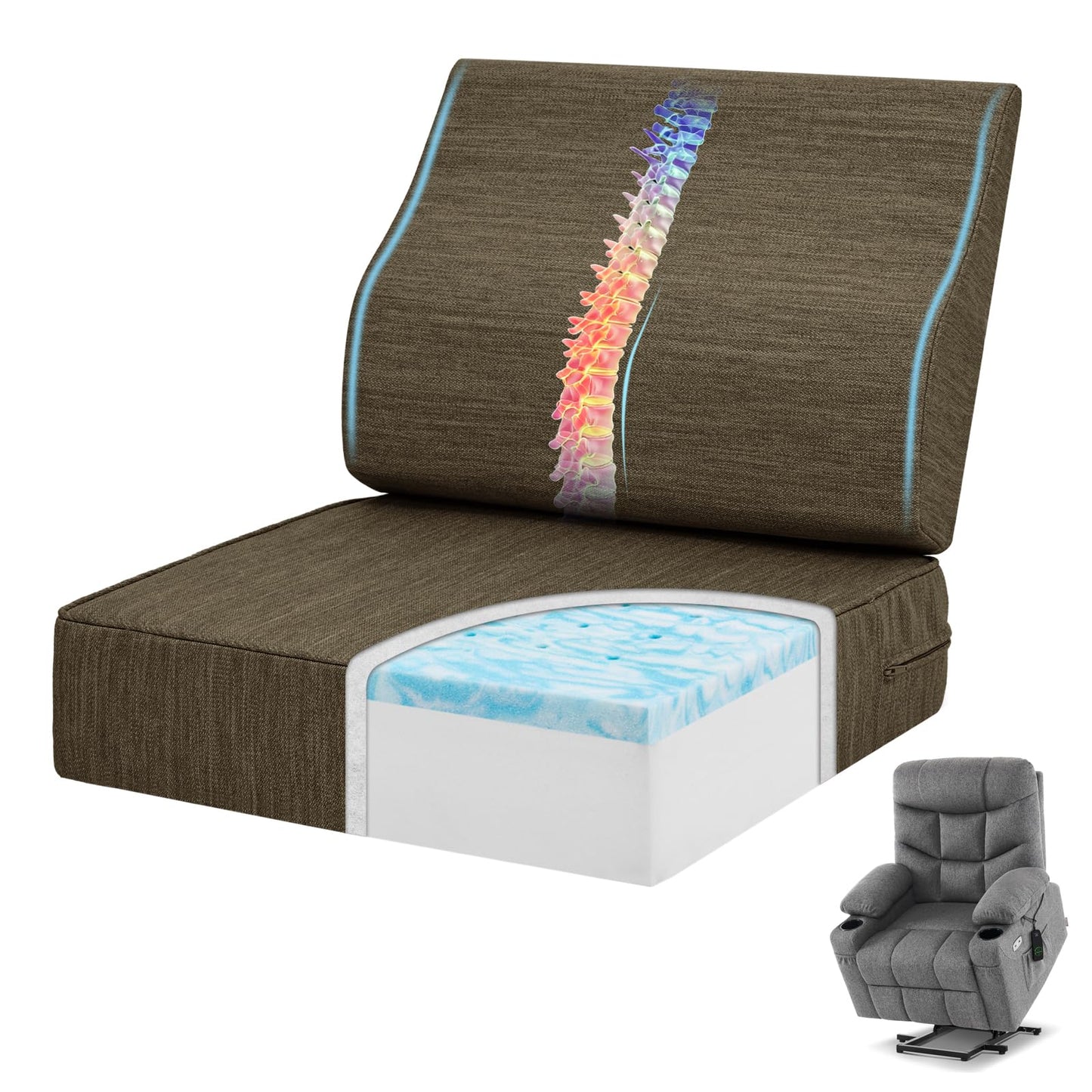 baibu Gel Memory Foam Recliner Cushions with Lumbar Support Pillow for Elderly, 20x20x5 Inch Thick Dual-Layer Patent Design Non-Slip Seat Cushion for Recliner Chair for Reduce Hip & Lumbar Pain, Brown