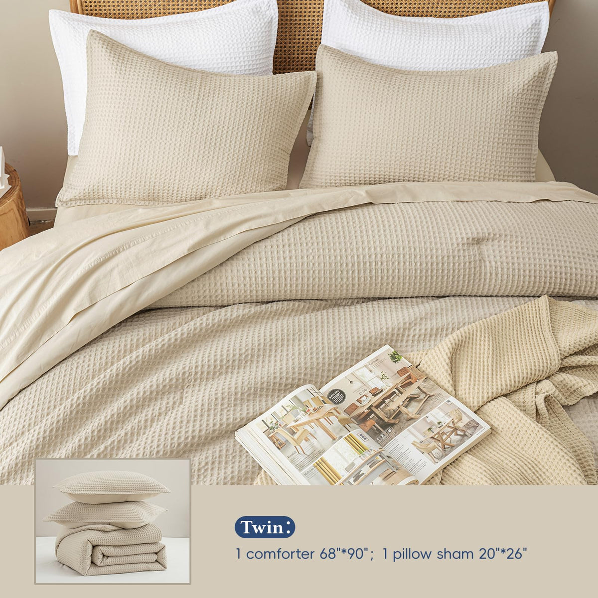 David's Home Waffle Weave Comforter Set 2PCS Twin Size, Soft Breathable Lightweight Cozy Skin-Friendly Warm for All Season, Elegant Aesthetic Home Decor Bedding Set with Pillow Shams, Linen