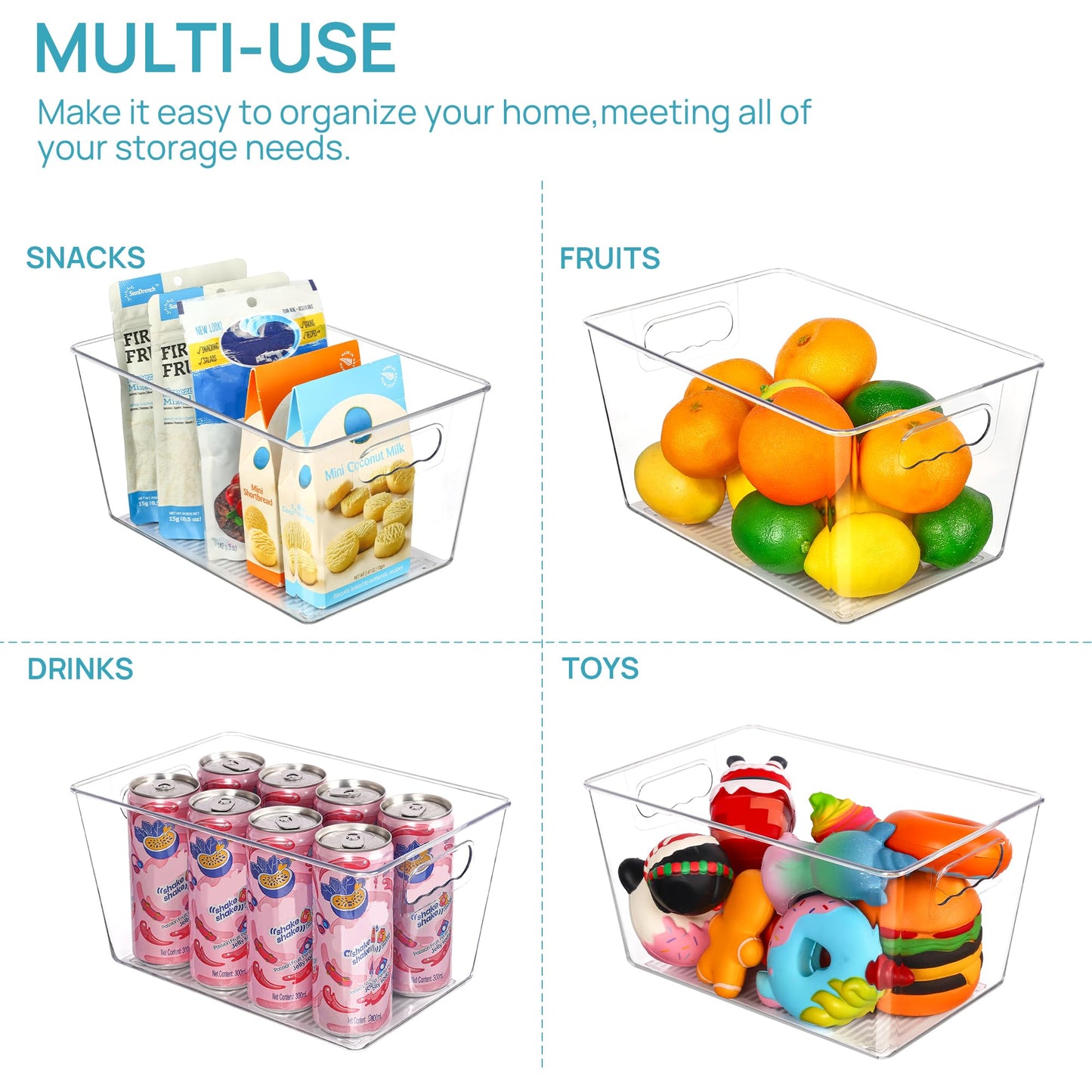 Vtopmart Clear Plastic Pantry Organizer Bins, 8 PCS Food Storage Bins with Handle for Refrigerator, Fridge, Cabinet, Kitchen, Countertops, Cupboard, Freezer Organization and Storage, BPA Free, Large