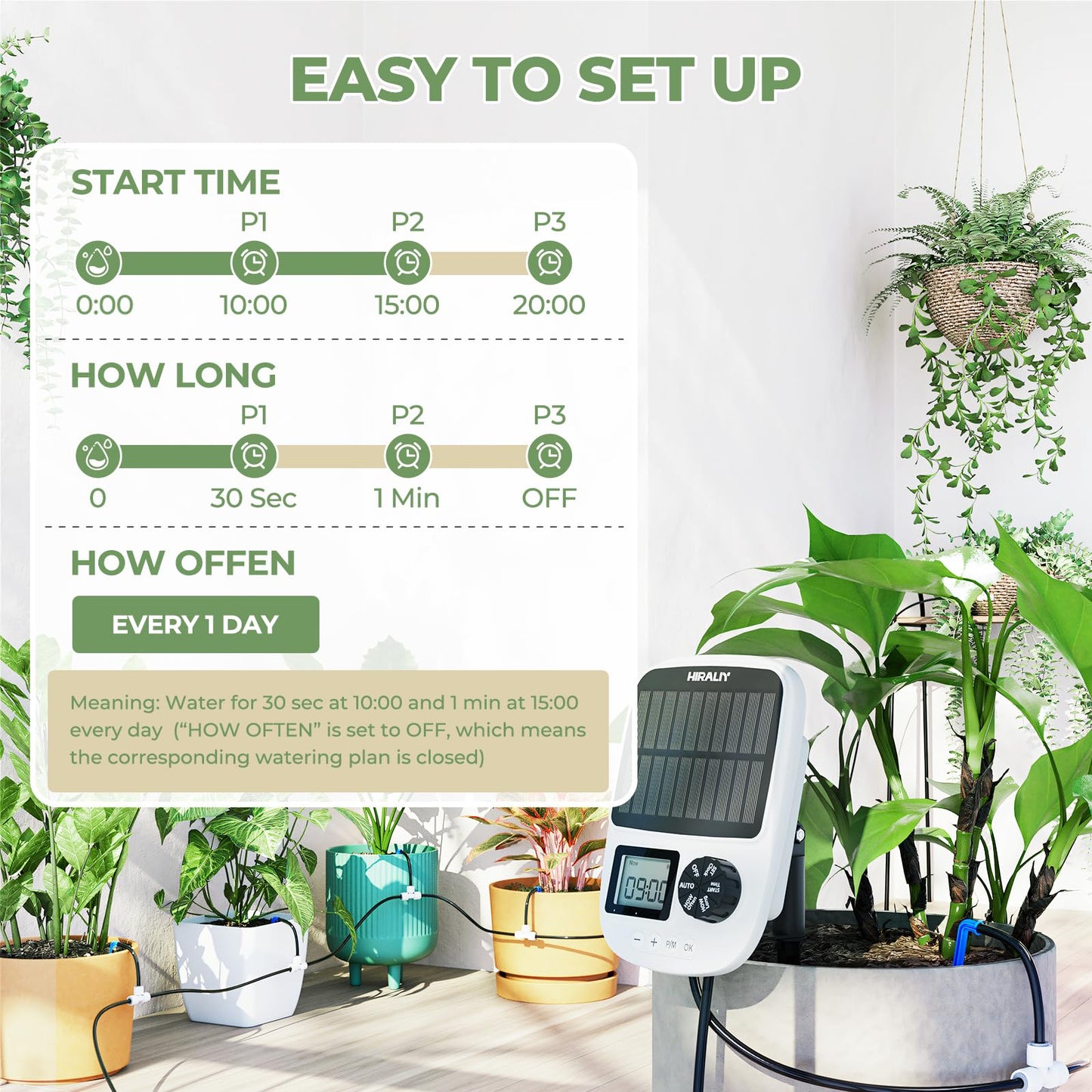 HIRALIY Solar Automatic Drip Irrigation Kit System with Drip Emitter Stake, Auto Easy DIY Watering Device Supported Pots Plants, 6 Modes Timer