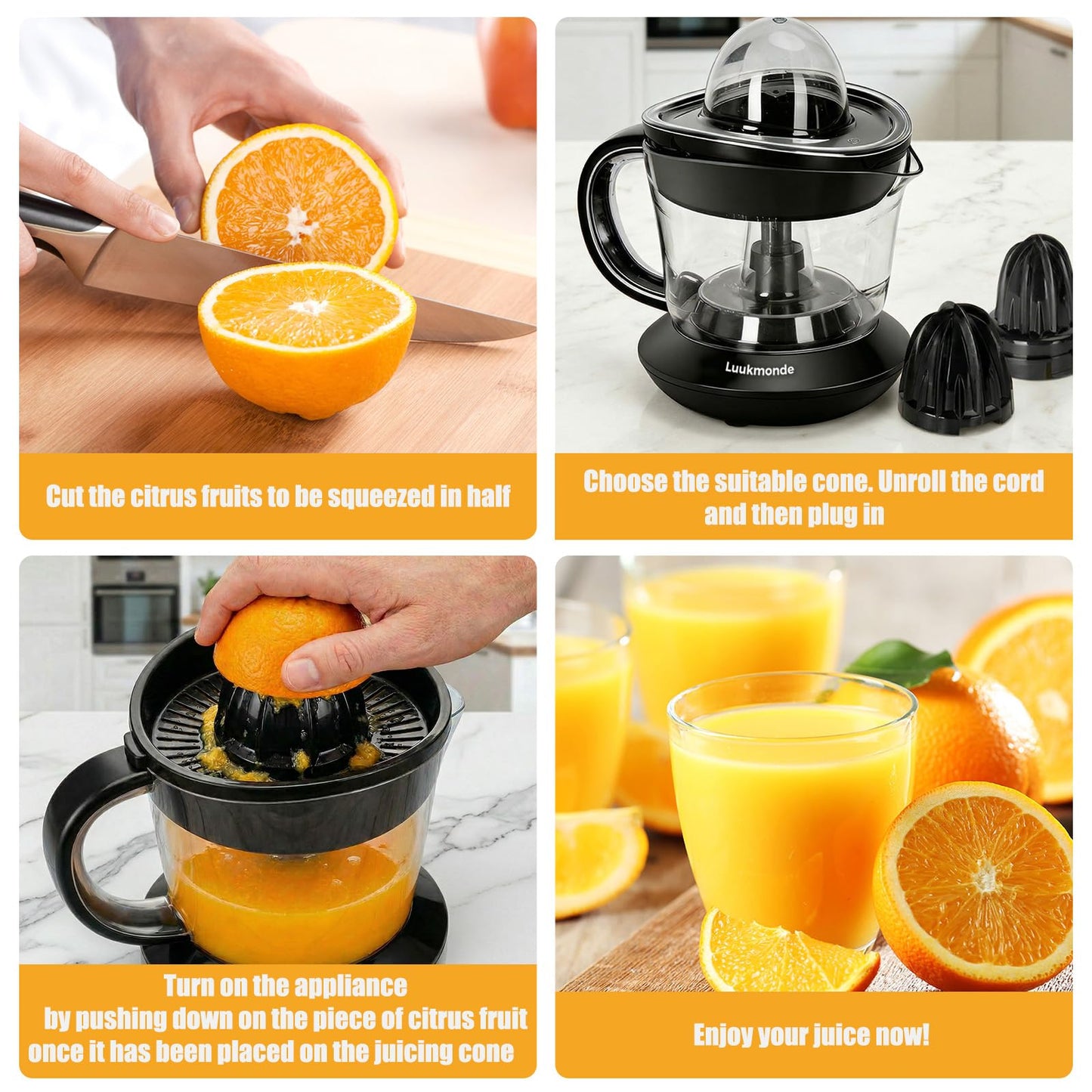 LUUKMONDE Electric Citrus Juicer, Electric Orange Juicer with 2 Reamers for Lemon & Grapefruit, Max Nutrients by Pressure Activated Juicer Machine, Electric Lemon Juicer, Black