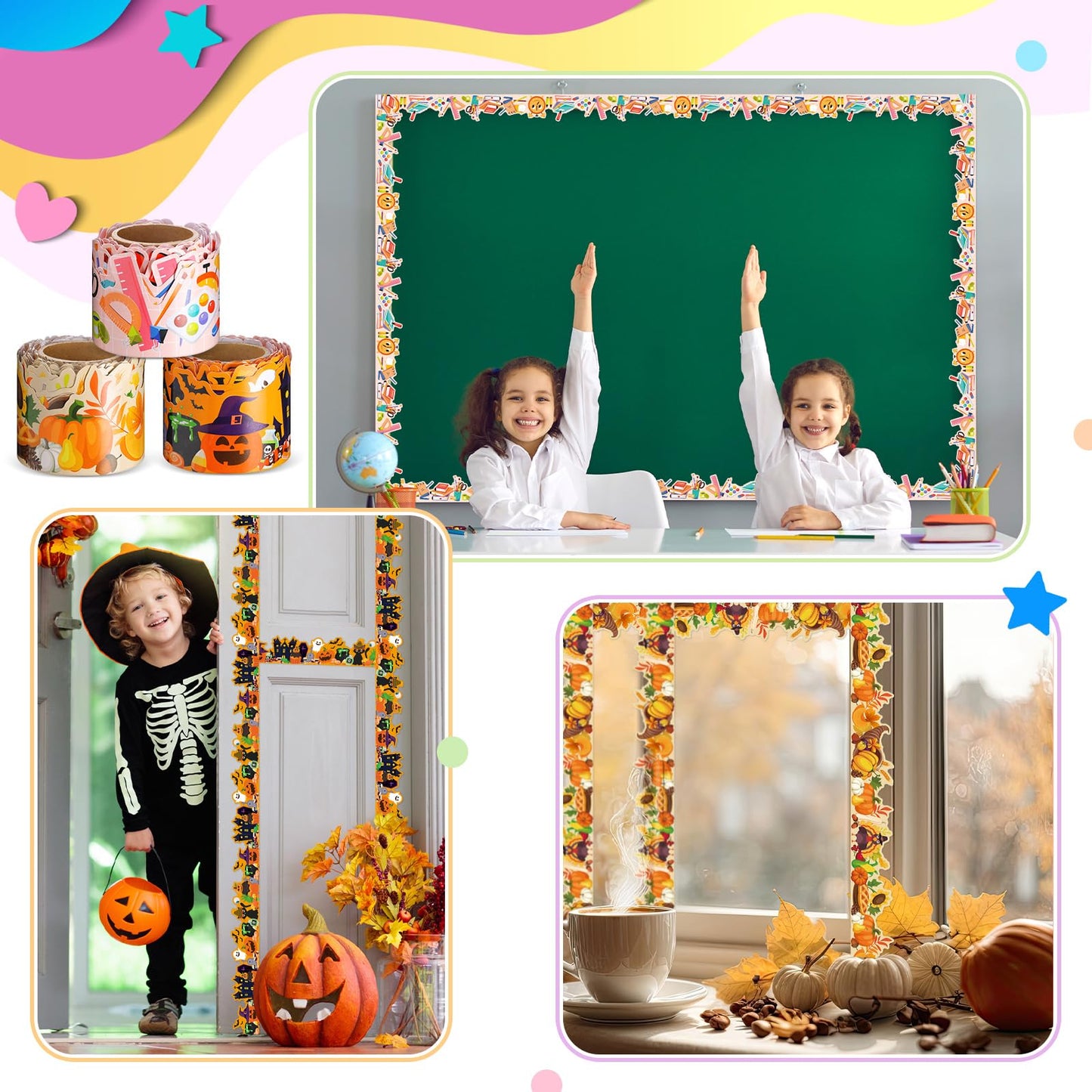 Geyee 12 Rolls 394 ft Holiday Bulletin Board Borders Seasonal Bulletin Board Decorations Summer Beach Trim for School Classroom Wall Decor