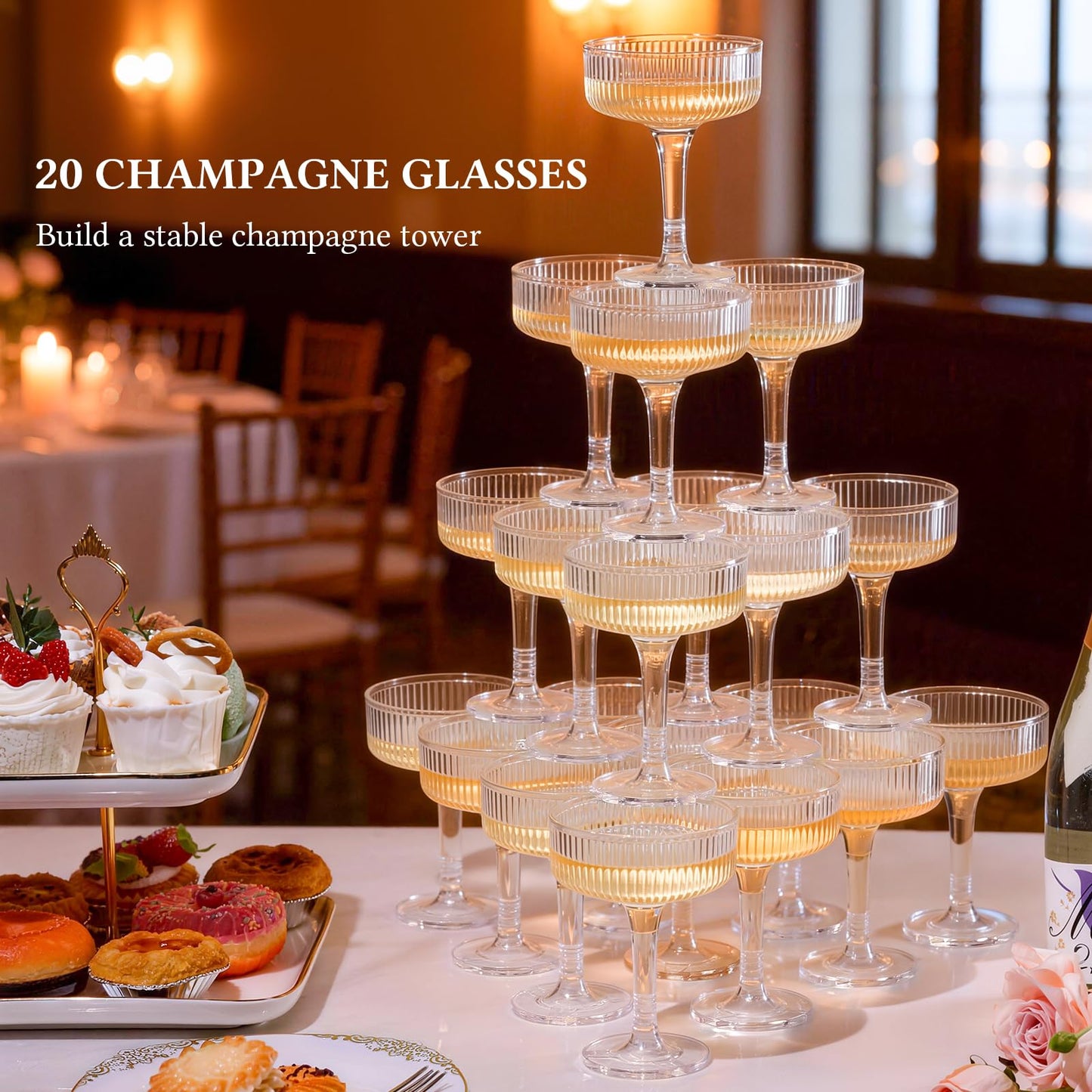 Goodluck Champagne Tower 4-Tier, 7oz Set of 20 Clear Champagne Flutes Plastic,Butterfly Shape with Vertical Stripes for Weddings, Celebrations, Parties & Birthdays