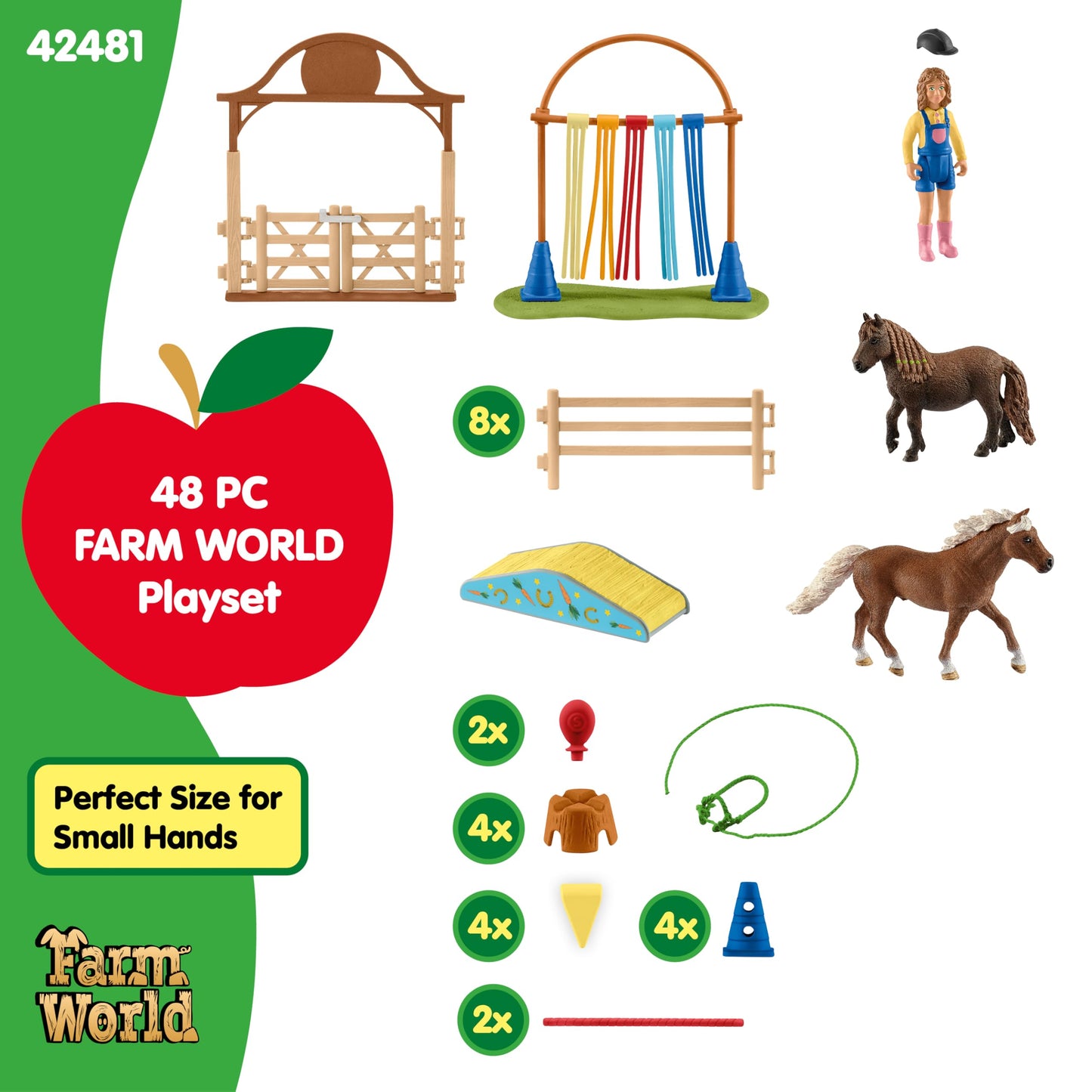 Schleich Farm World - 48PC Pony Agility Training Set with 2 Horse Figurines, Poseable Figure and Accessories - Horse Toys for Girls, Boys - Educational Animal Toys for Kids, Toddlers Ages 3+ | 42481