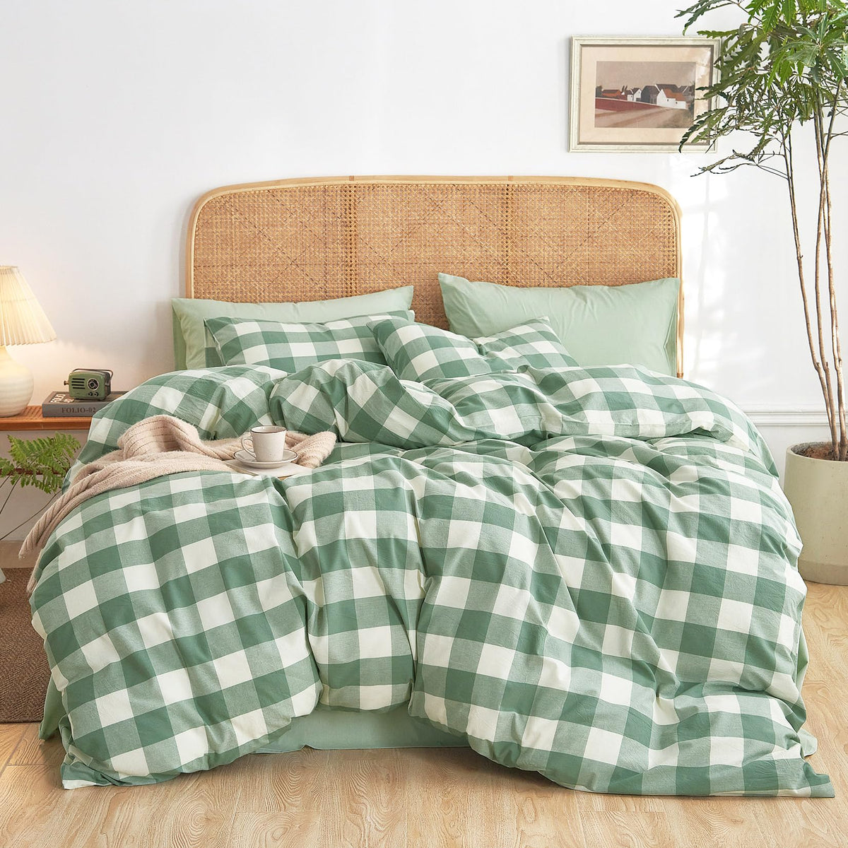 Wake In Cloud - Gingham Duvet Cover Set, 100% Washed Cotton Plaid Buffalo Check Checkered Geometric Farmhouse Bed Bedding with Zipper Closure, 3 Pieces, Green White, Queen Size