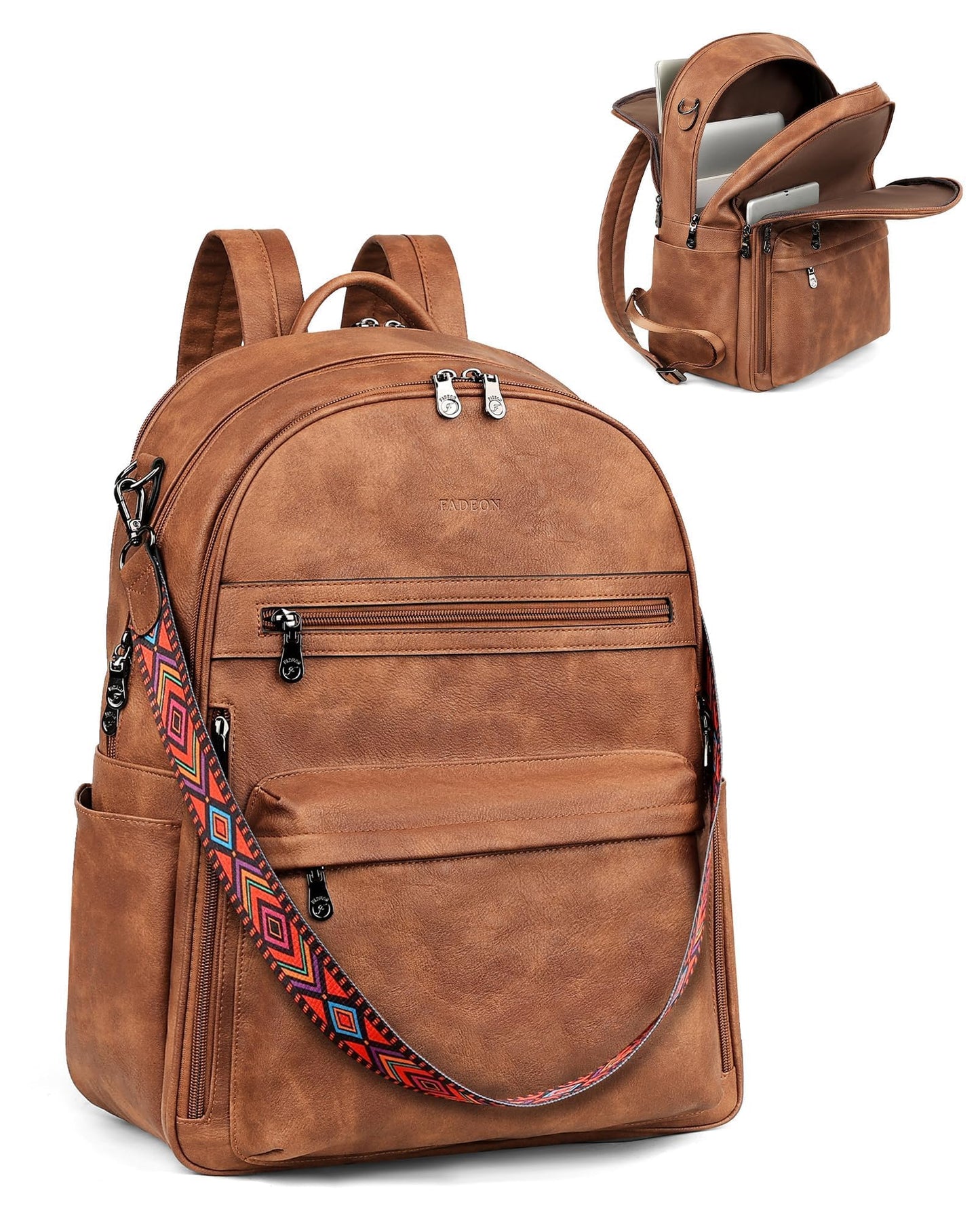 FADEON Laptop Backpack Purse for Women PU Leather 15.6 Computer Bag Desingner Travel Back Pack with Laptop Compartment, 1 Brown Retro Style, 12.6 x 6 x 17.1 inches, Leather Laptop Backpack Purse for