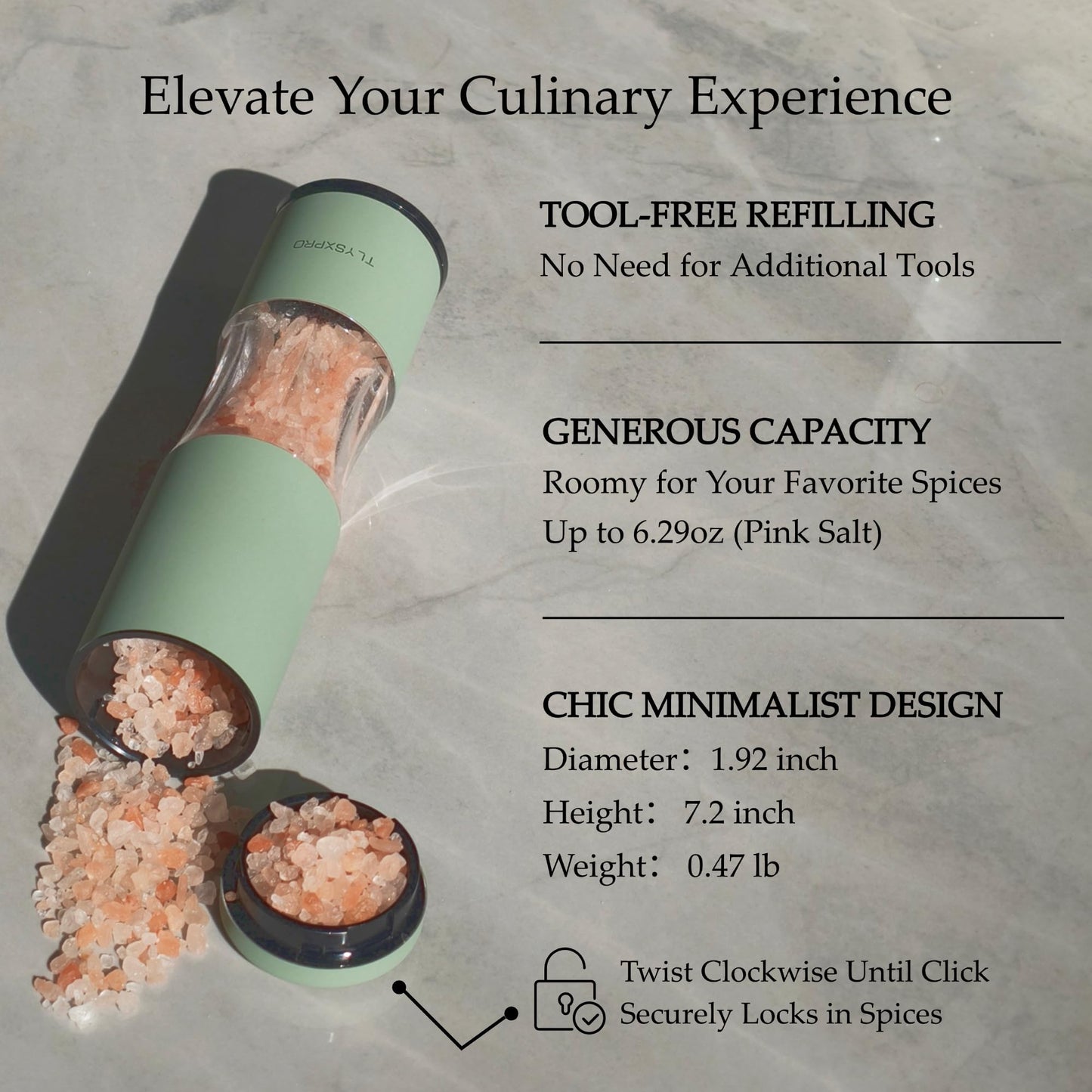 Salt and Pepper Grinder Set with Adjustable Coarseness | Manual Pepper Mill Grinder with Refillable Design | Ceramic Core | Kitchen Essential (2 Packs, Sage)