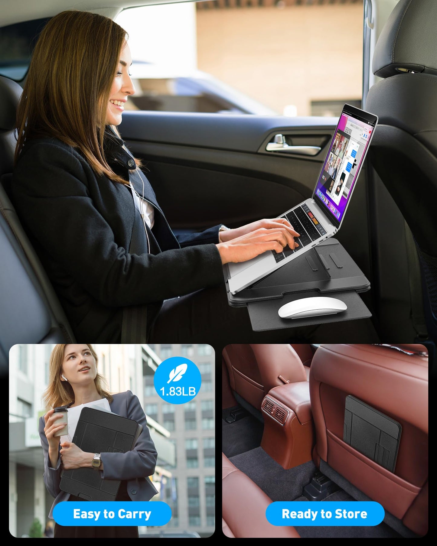 AboveTEK Adjustable Laptop Lap Desk, Portable Lap pad Workstation with Retractable Mouse Pad | 3 Ergonomic Angles, PU Leather Non-Slip Surface, Heat Shield, for Bed, Sofa, Travel